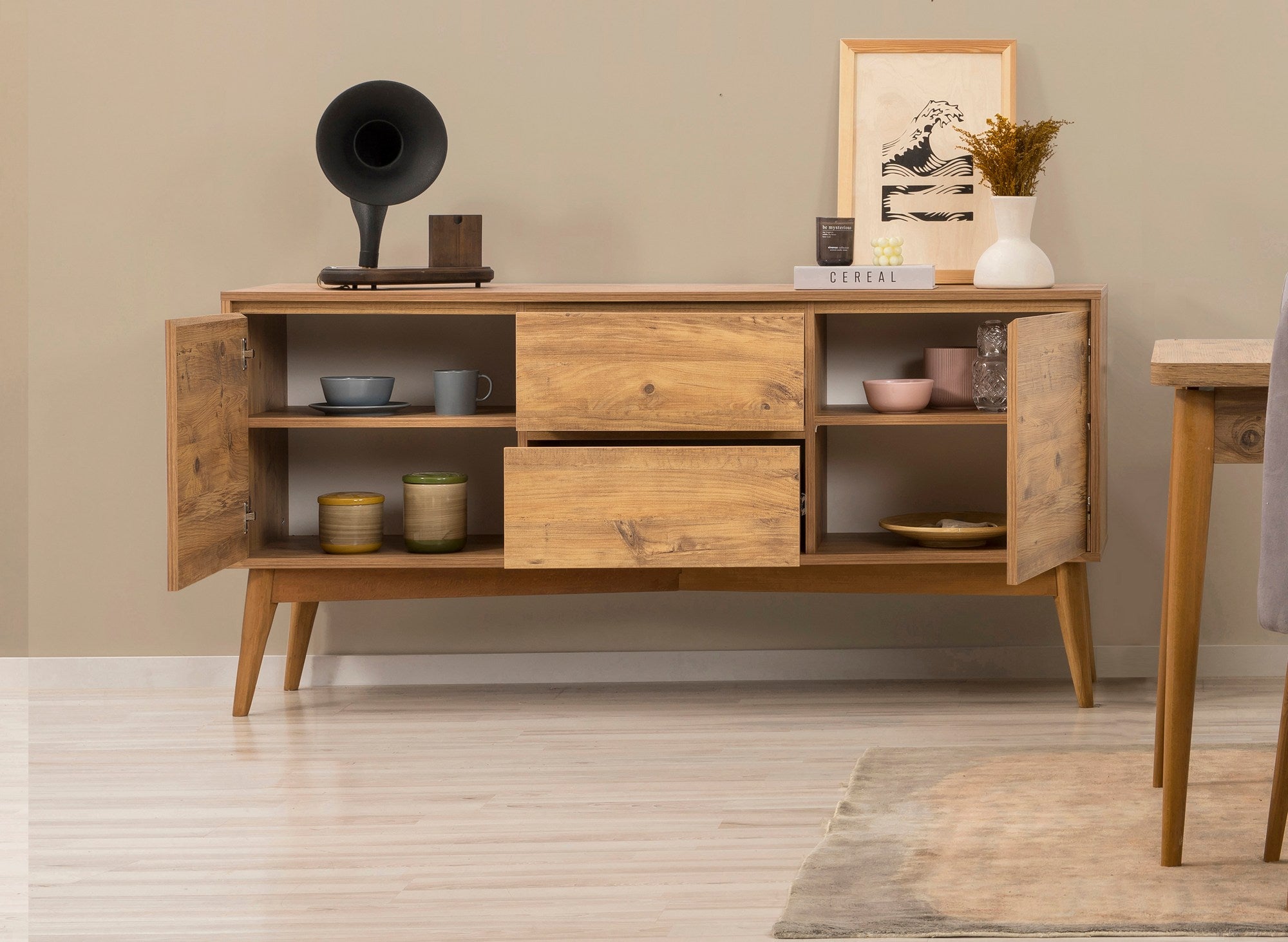 Conjunto de mesa de jantar extensível, cadeiras e Aparador (6 peças)-Vina-Pinheiro Atlântico
Cinza