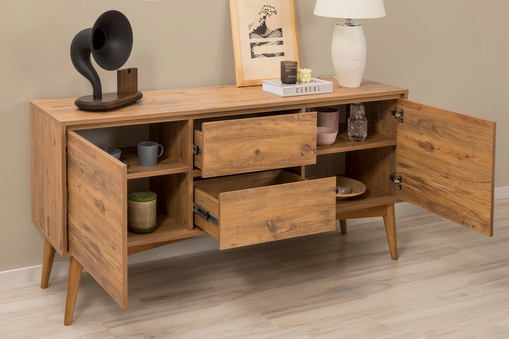 Conjunto de mesa de jantar extensível, cadeiras e Aparador (6 peças)-Vina-Pinheiro Atlântico
Cinza