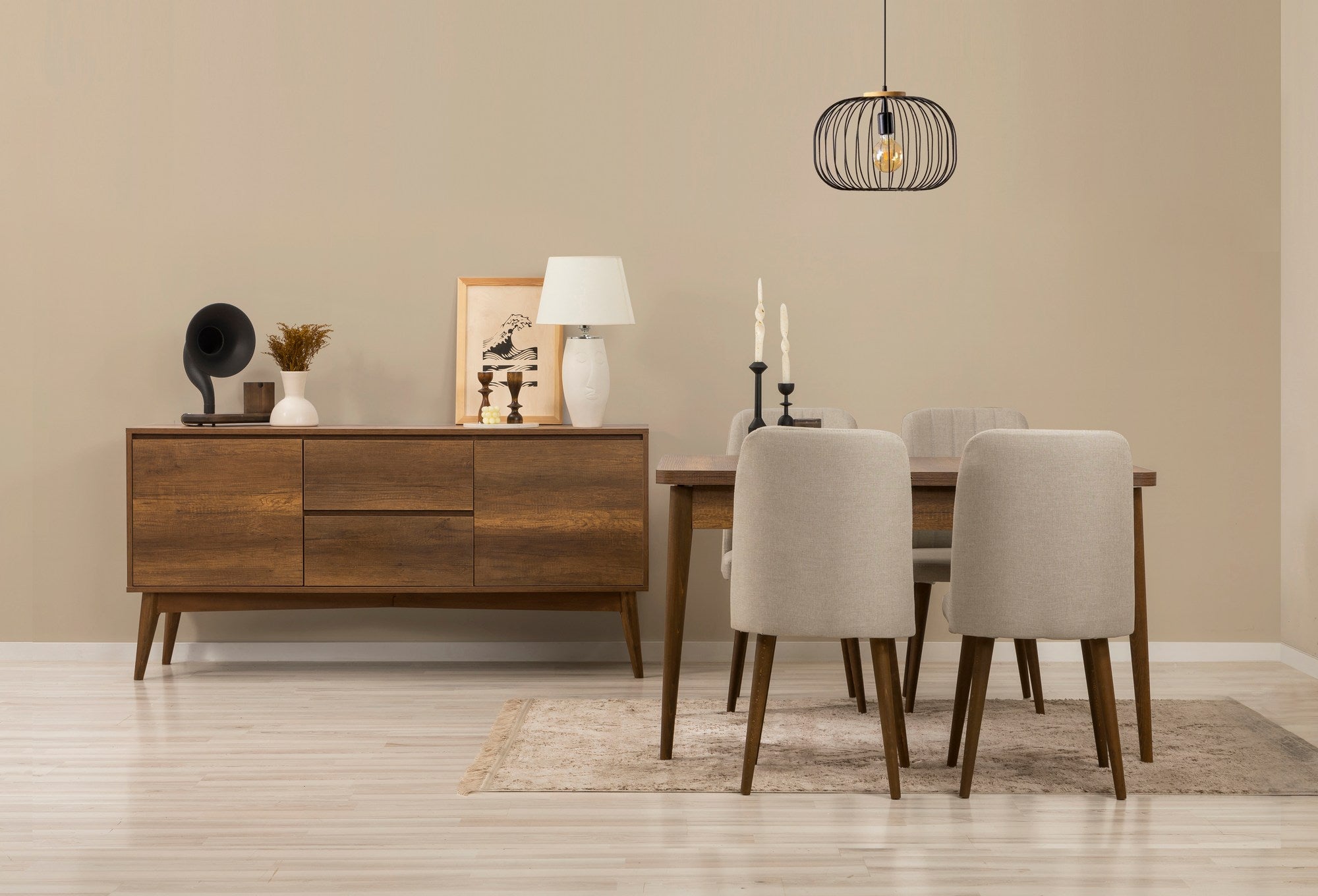 Conjunto de mesa de jantar extensível, cadeiras e Aparador (6 peças)-Vina-Nozes
Creme