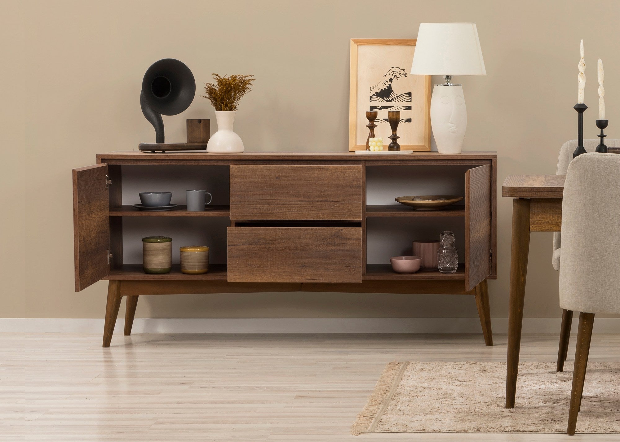 Conjunto de mesa de jantar extensível, cadeiras e Aparador (6 peças)-Vina-Nozes
Creme