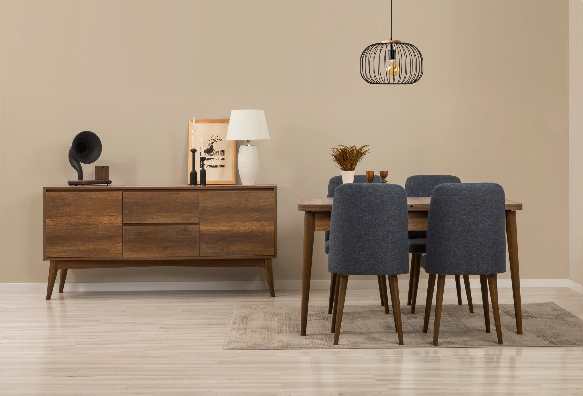 Conjunto de mesa de jantar extensível, cadeiras e Aparador (6 peças)-Vina-Nogueira
Azul Escuro