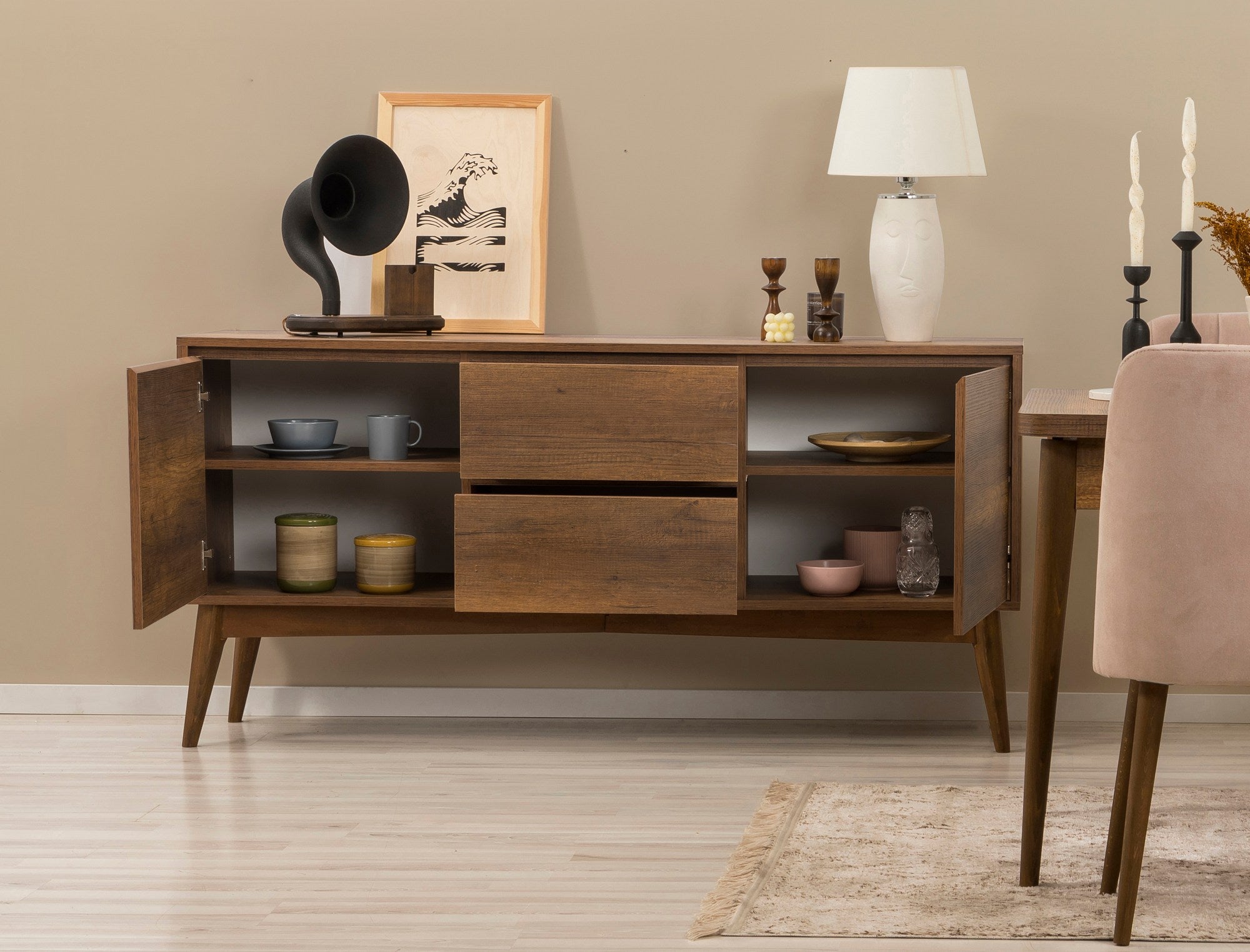 Conjunto de mesa de jantar extensível, cadeiras e Aparador (6 peças)-Vina-Nogueira
Pedra
