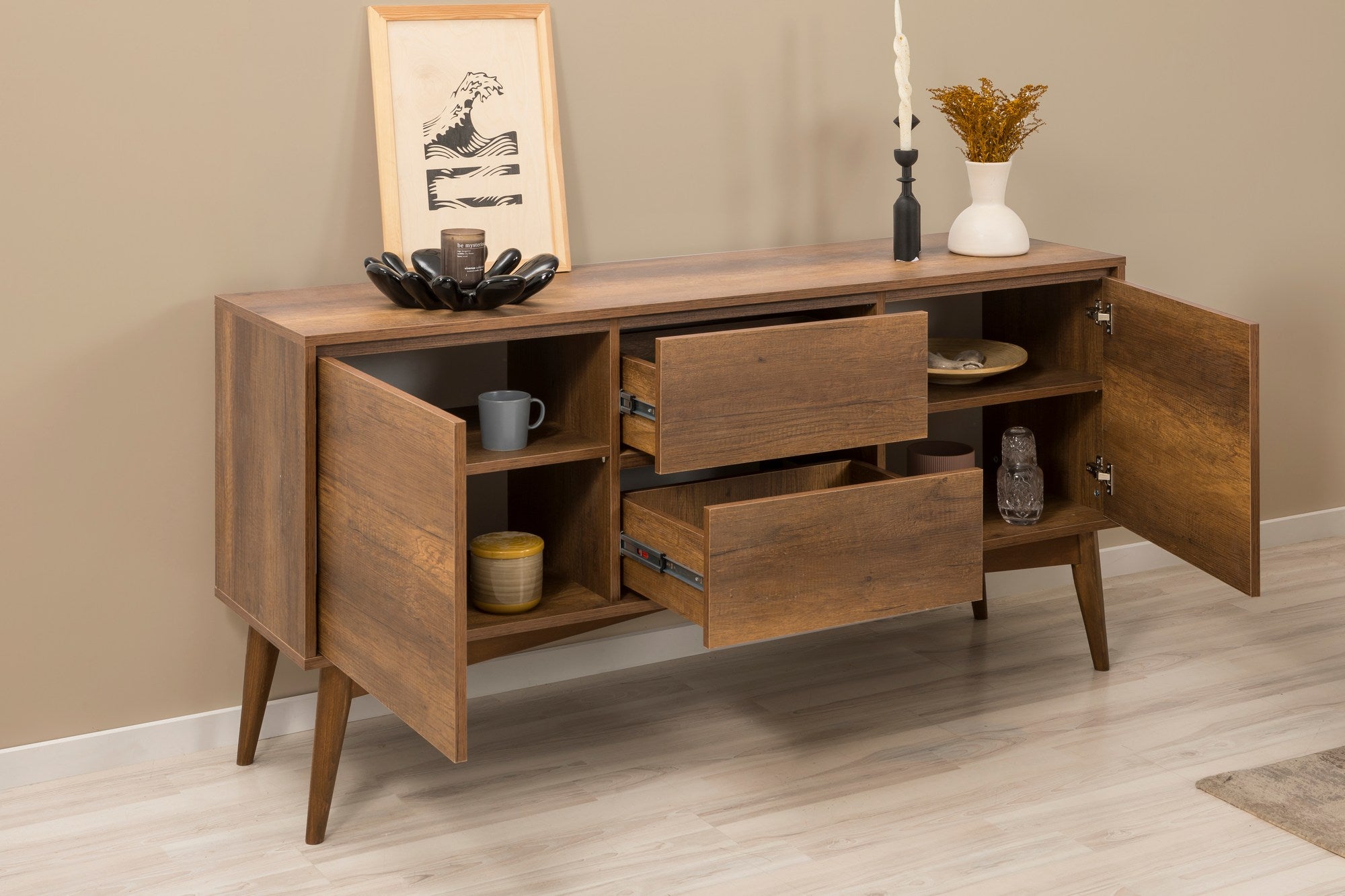 Conjunto de mesa de jantar extensível, cadeiras e Aparador (6 peças)-Vina-Nogueira
Pedra