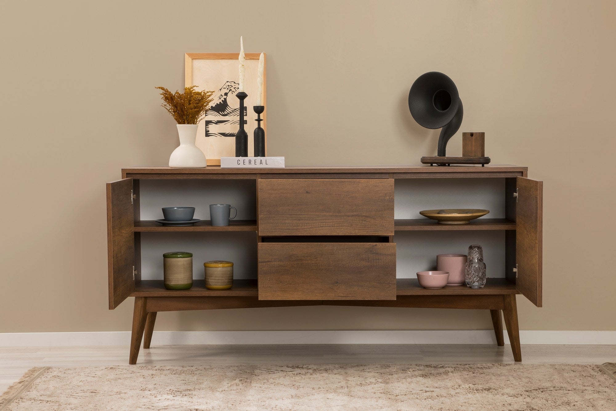 Conjunto de mesa de jantar extensível, cadeiras e Aparador (6 peças)-Vina-Nogueira
Pedra