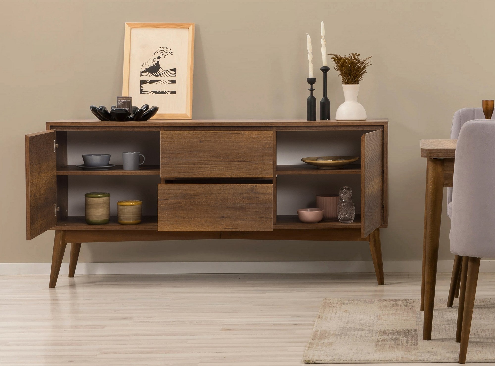 Conjunto de mesa de jantar extensível, cadeiras e Aparador (6 peças)-Vina-Nogueira
Cinza
