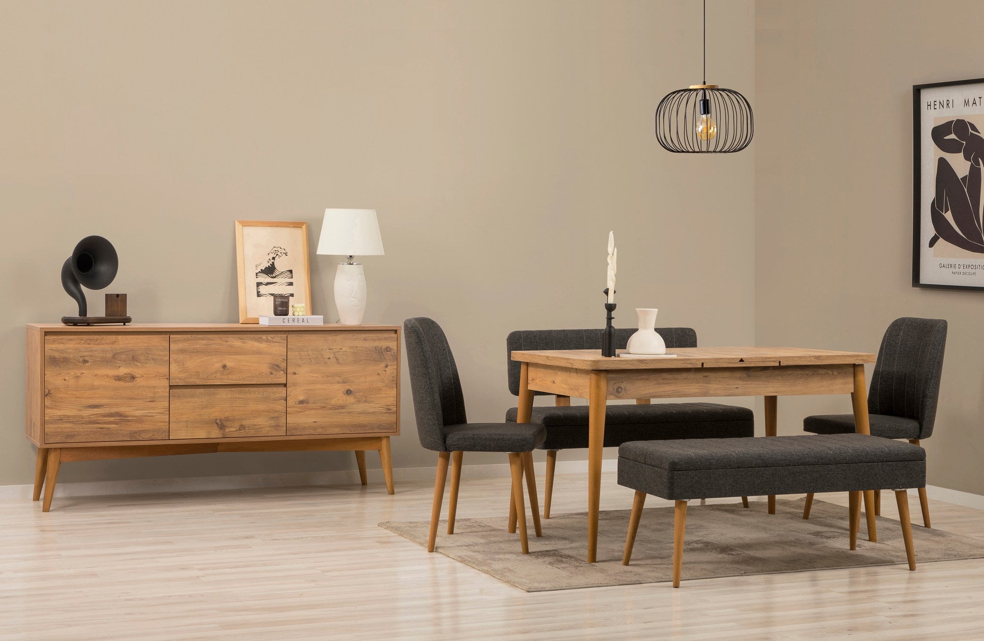 Conjunto de mesa de jantar extensível, cadeiras e Aparador (6 peças)-Vina-Pinheiro Atlântico
Antracite