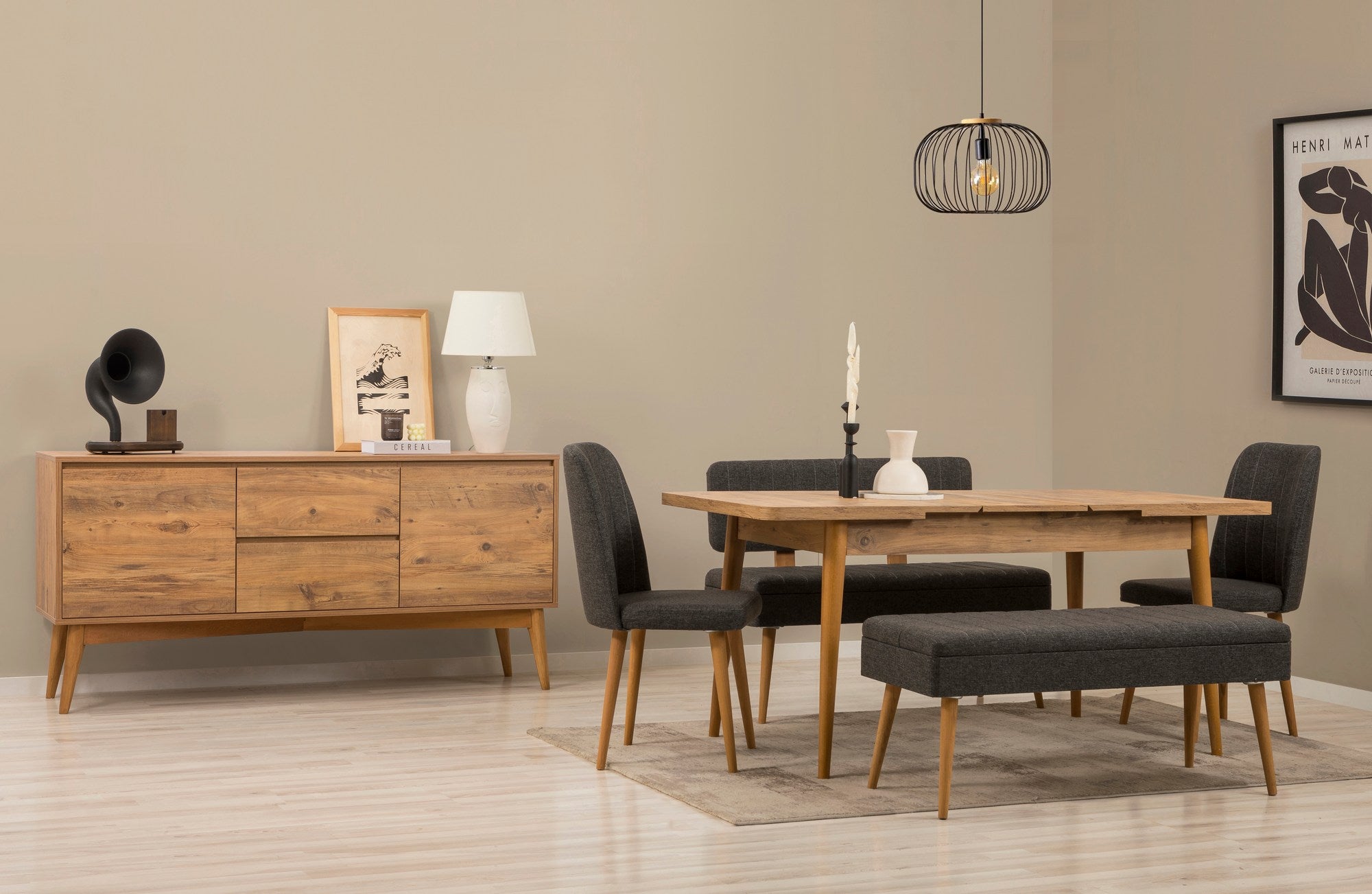 Conjunto de mesa de jantar extensível, cadeiras e Aparador (6 peças)-Vina-Pinheiro Atlântico
Antracite