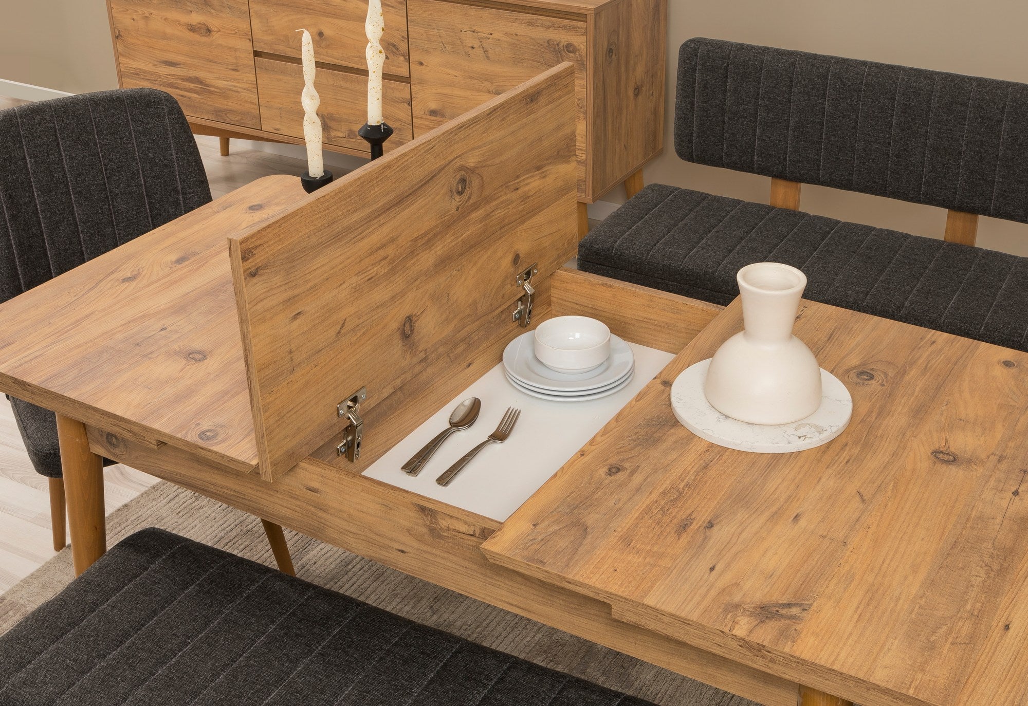 Conjunto de mesa de jantar extensível, cadeiras e Aparador (6 peças)-Vina-Pinheiro Atlântico
Antracite