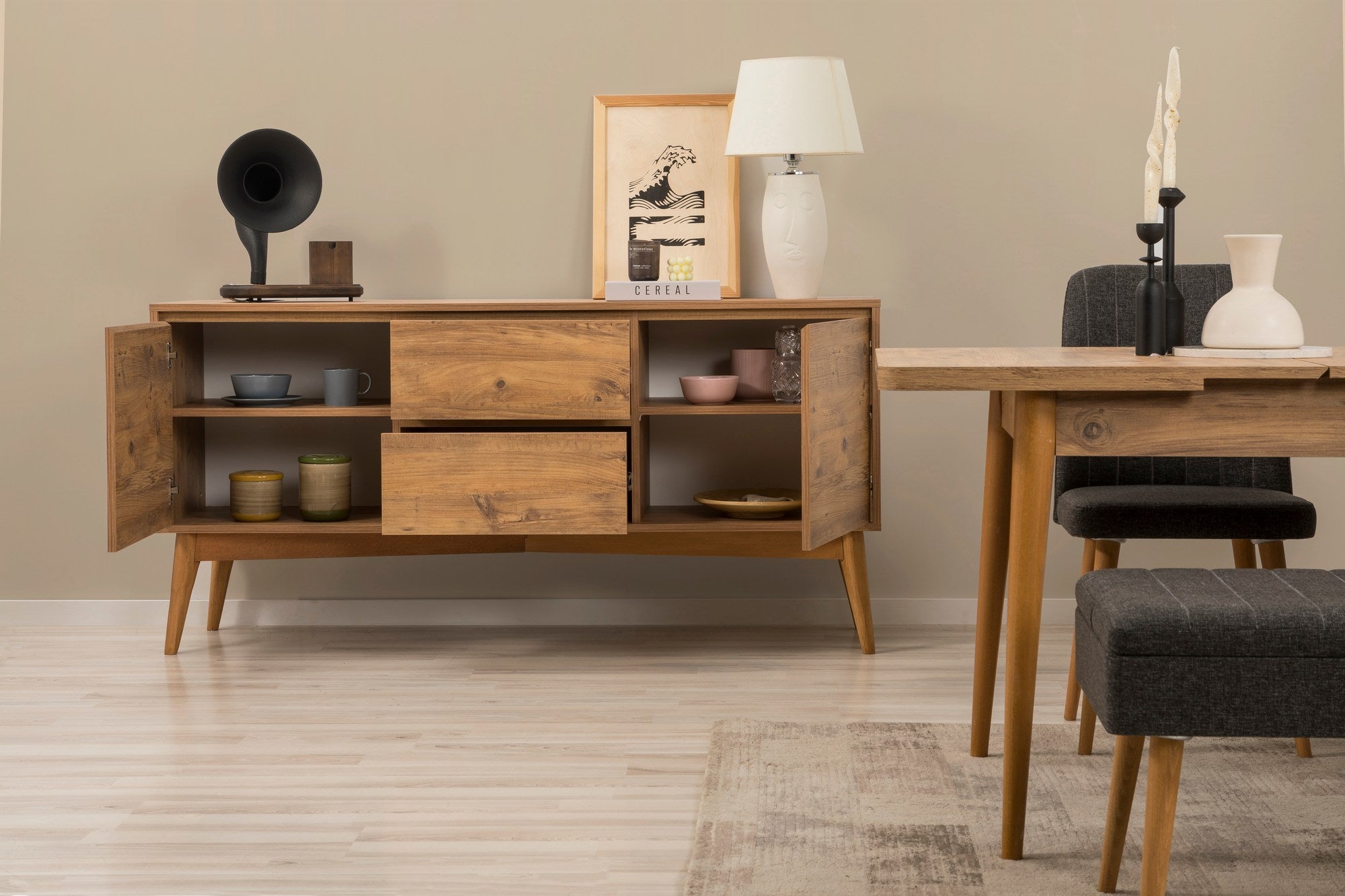 Conjunto de mesa de jantar extensível, cadeiras e Aparador (6 peças)-Vina-Pinheiro Atlântico
Antracite