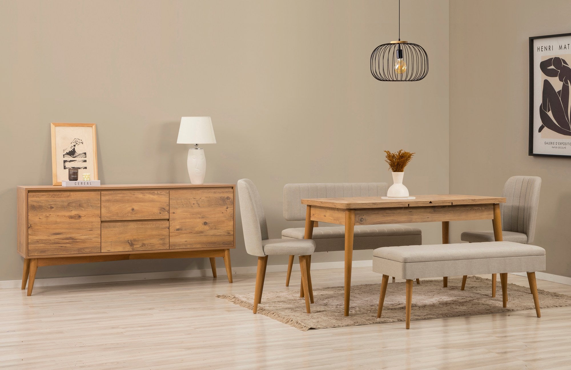 Conjunto de mesa de jantar extensível, cadeiras e Aparador (6 peças)-Vina-Pinho Atlântico
Creme