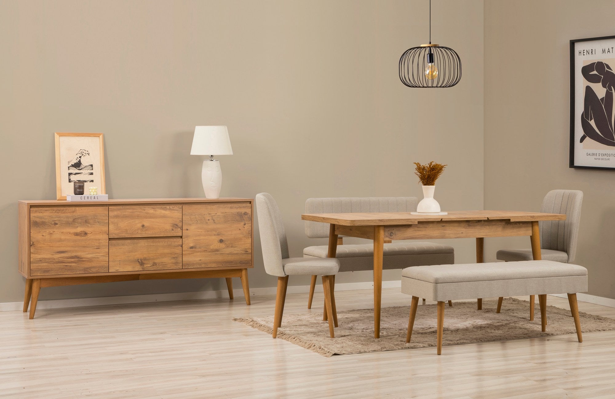 Conjunto de mesa de jantar extensível, cadeiras e Aparador (6 peças)-Vina-Pinho Atlântico
Creme