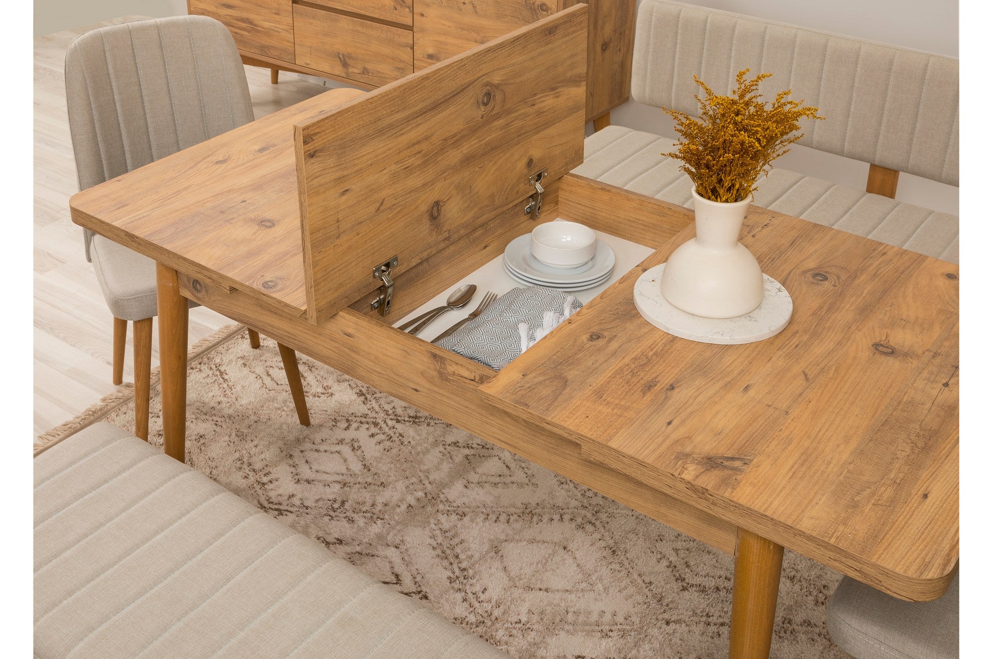 Conjunto de mesa de jantar extensível, cadeiras e Aparador (6 peças)-Vina-Pinho Atlântico
Creme