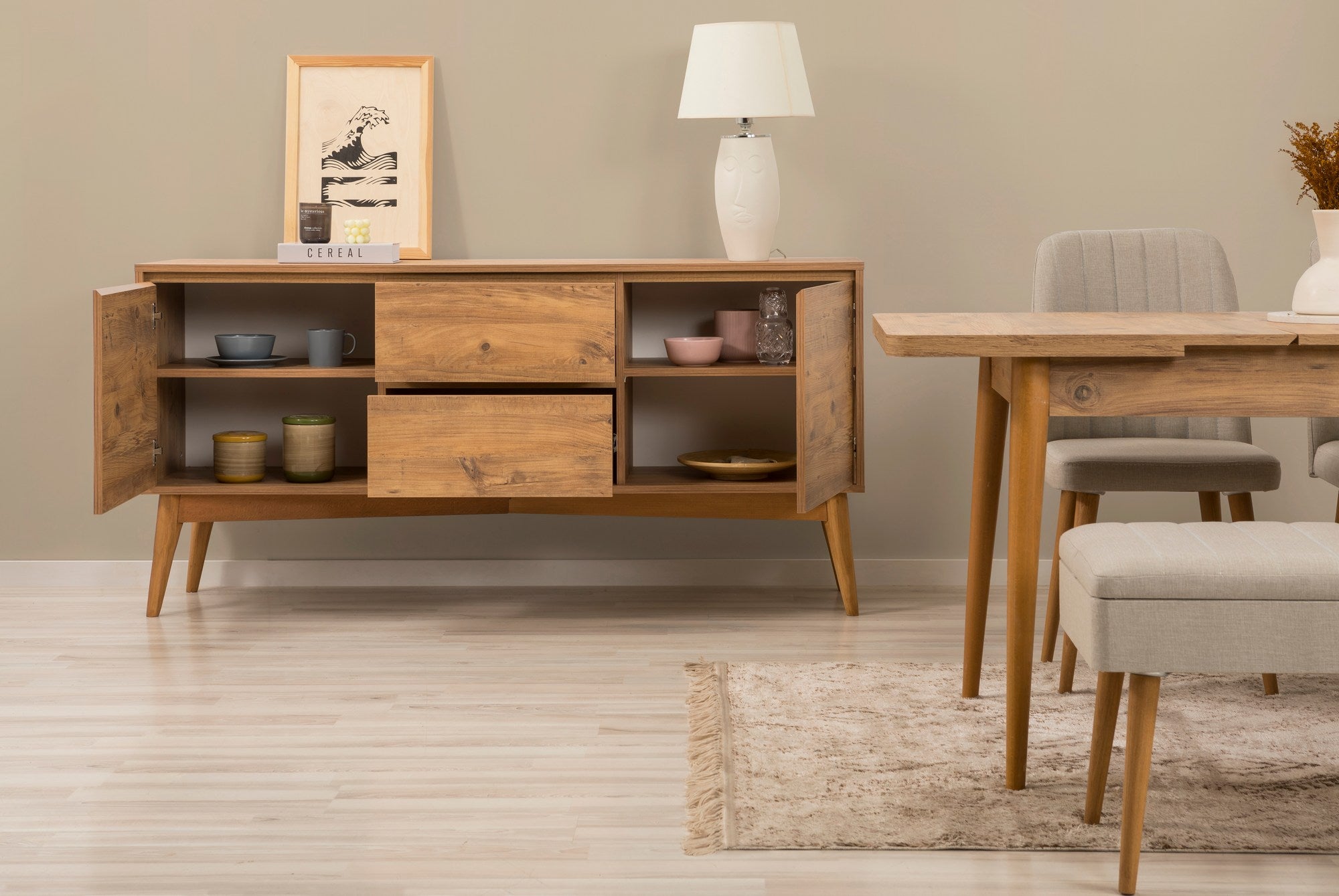 Conjunto de mesa de jantar extensível, cadeiras e Aparador (6 peças)-Vina-Pinho Atlântico
Creme