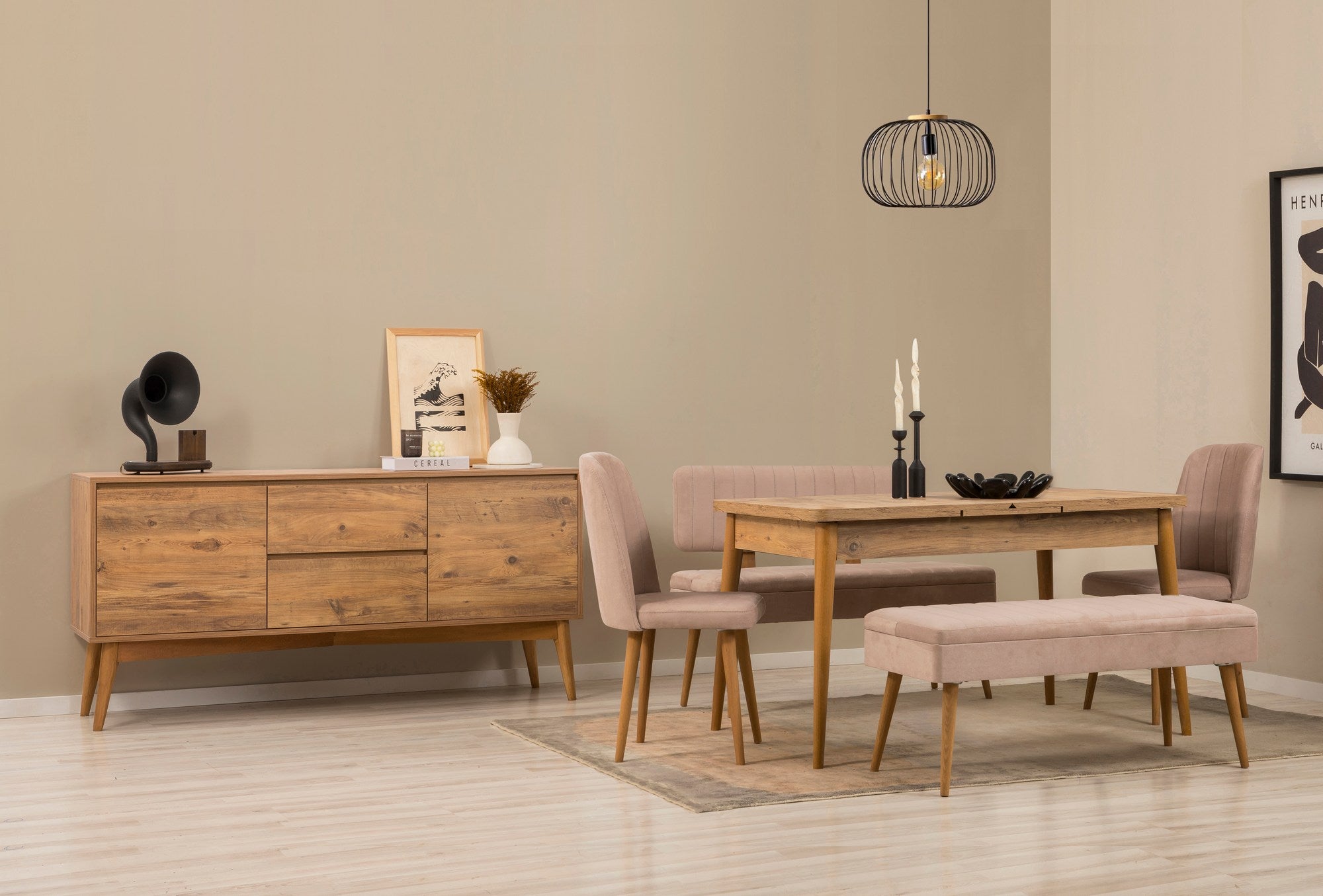 Conjunto de mesa de jantar extensível, cadeiras e Aparador (6 peças)-Vina-Pedra de Pinho Atlântico