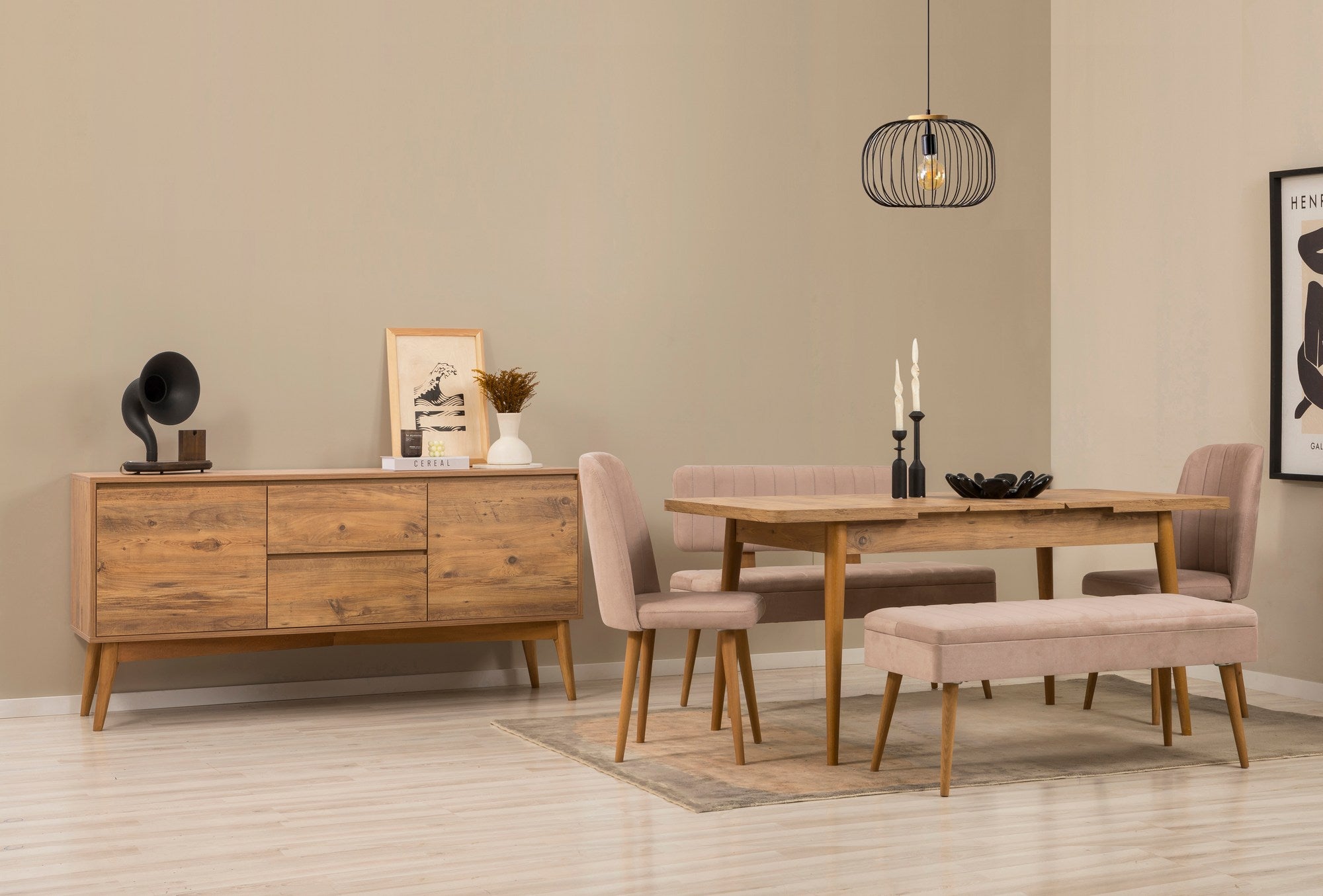 Conjunto de mesa de jantar extensível, cadeiras e Aparador (6 peças)-Vina-Pedra de Pinho Atlântico