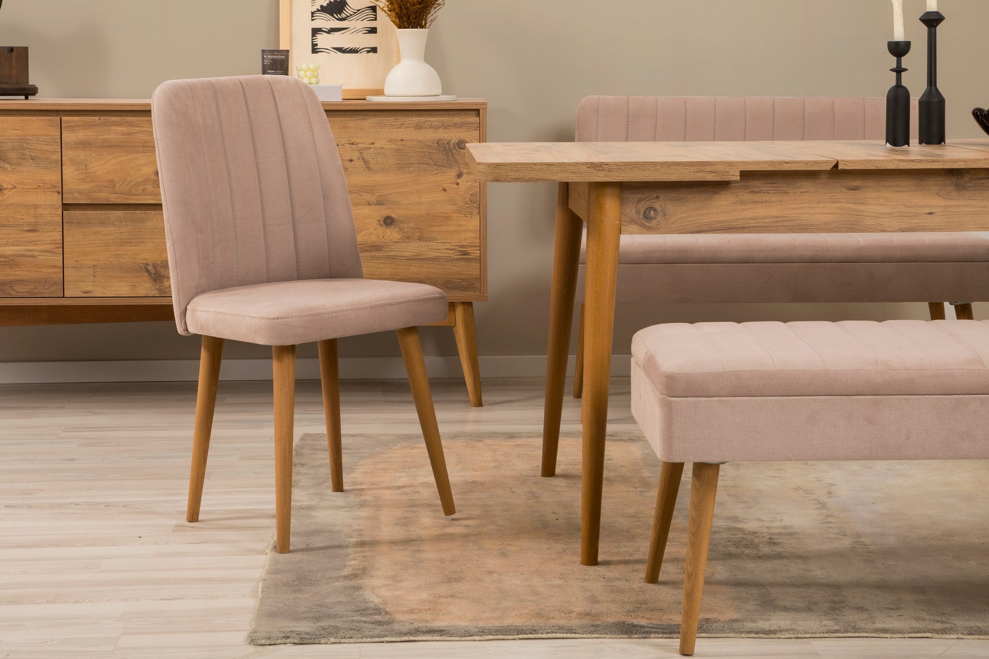 Conjunto de mesa de jantar extensível, cadeiras e Aparador (6 peças)-Vina-Pedra de Pinho Atlântico