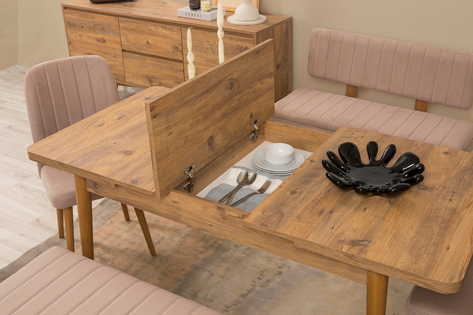 Conjunto de mesa de jantar extensível, cadeiras e Aparador (6 peças)-Vina-Pedra de Pinho Atlântico