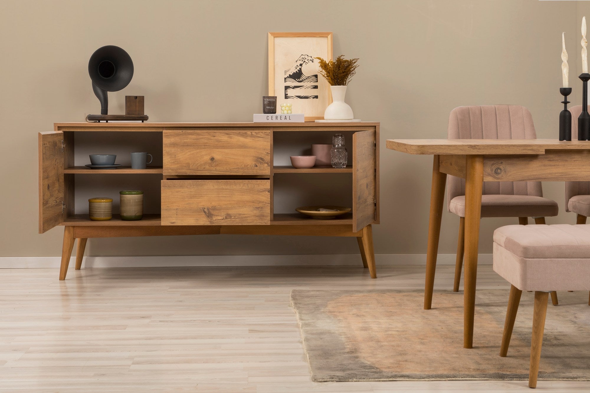 Conjunto de mesa de jantar extensível, cadeiras e Aparador (6 peças)-Vina-Pedra de Pinho Atlântico