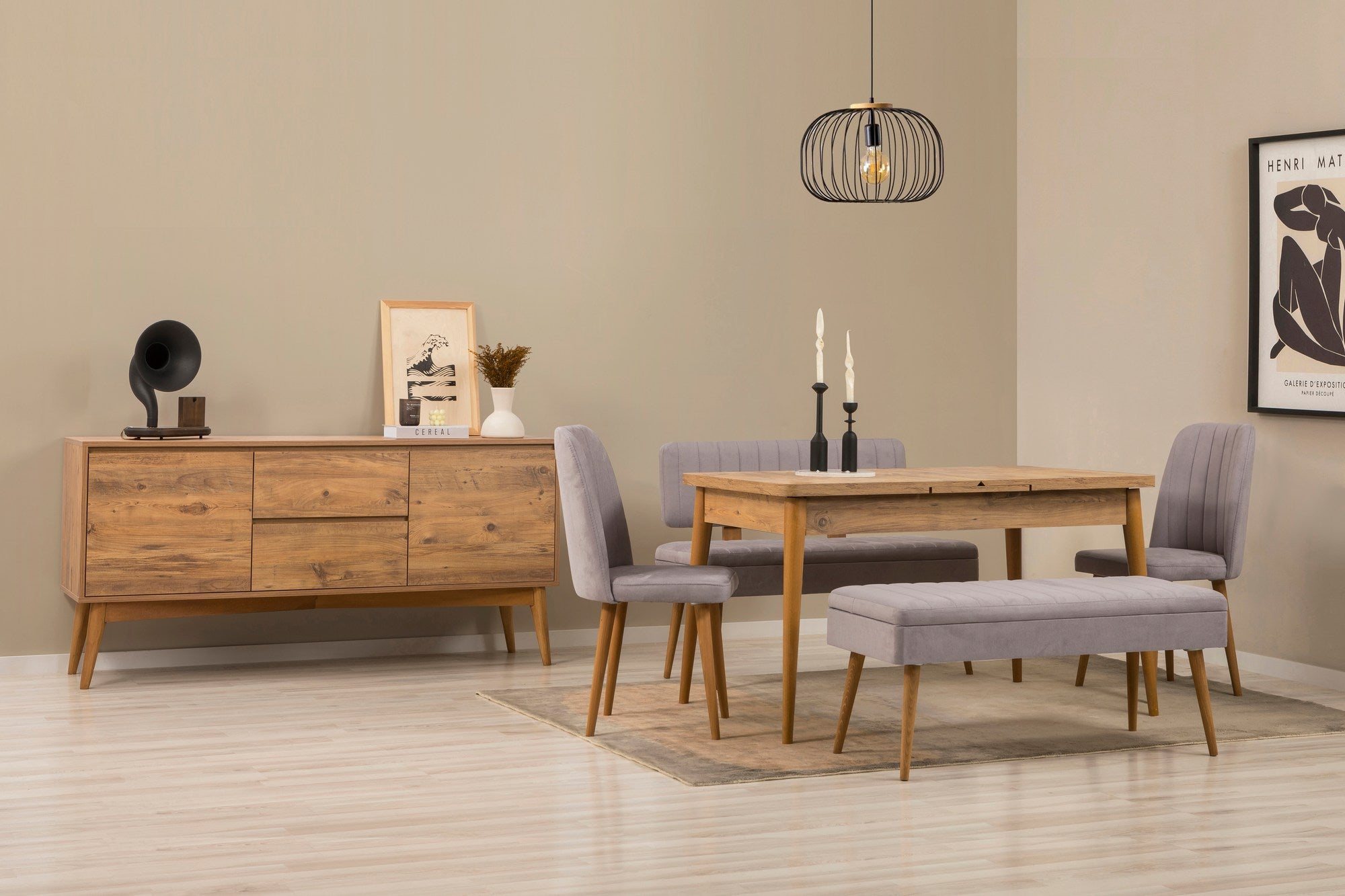 Conjunto de mesa de jantar extensível, cadeiras e Aparador (6 peças)-Vina-Pinheiro Atlântico
Cinza