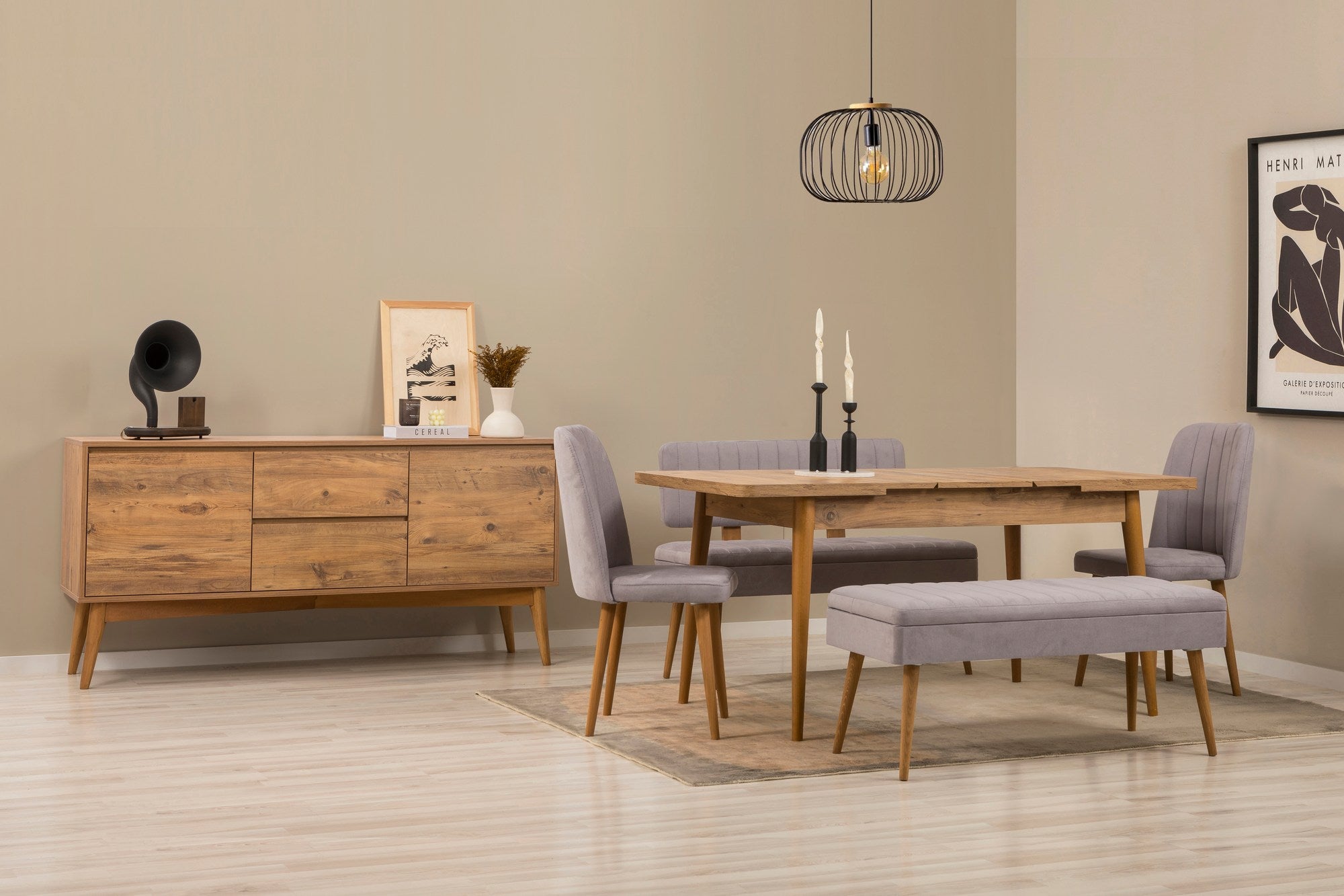 Conjunto de mesa de jantar extensível, cadeiras e Aparador (6 peças)-Vina-Pinheiro Atlântico
Cinza