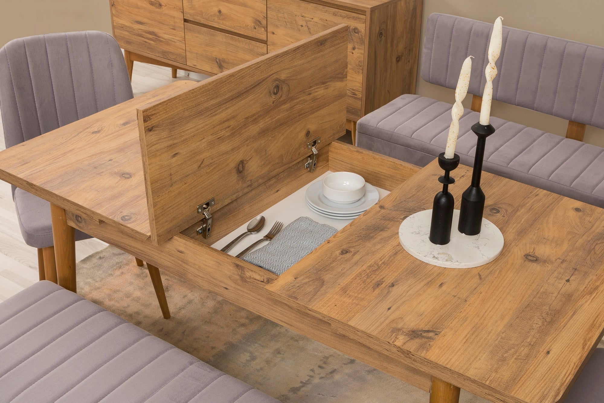 Conjunto de mesa de jantar extensível, cadeiras e Aparador (6 peças)-Vina-Pinheiro Atlântico
Cinza