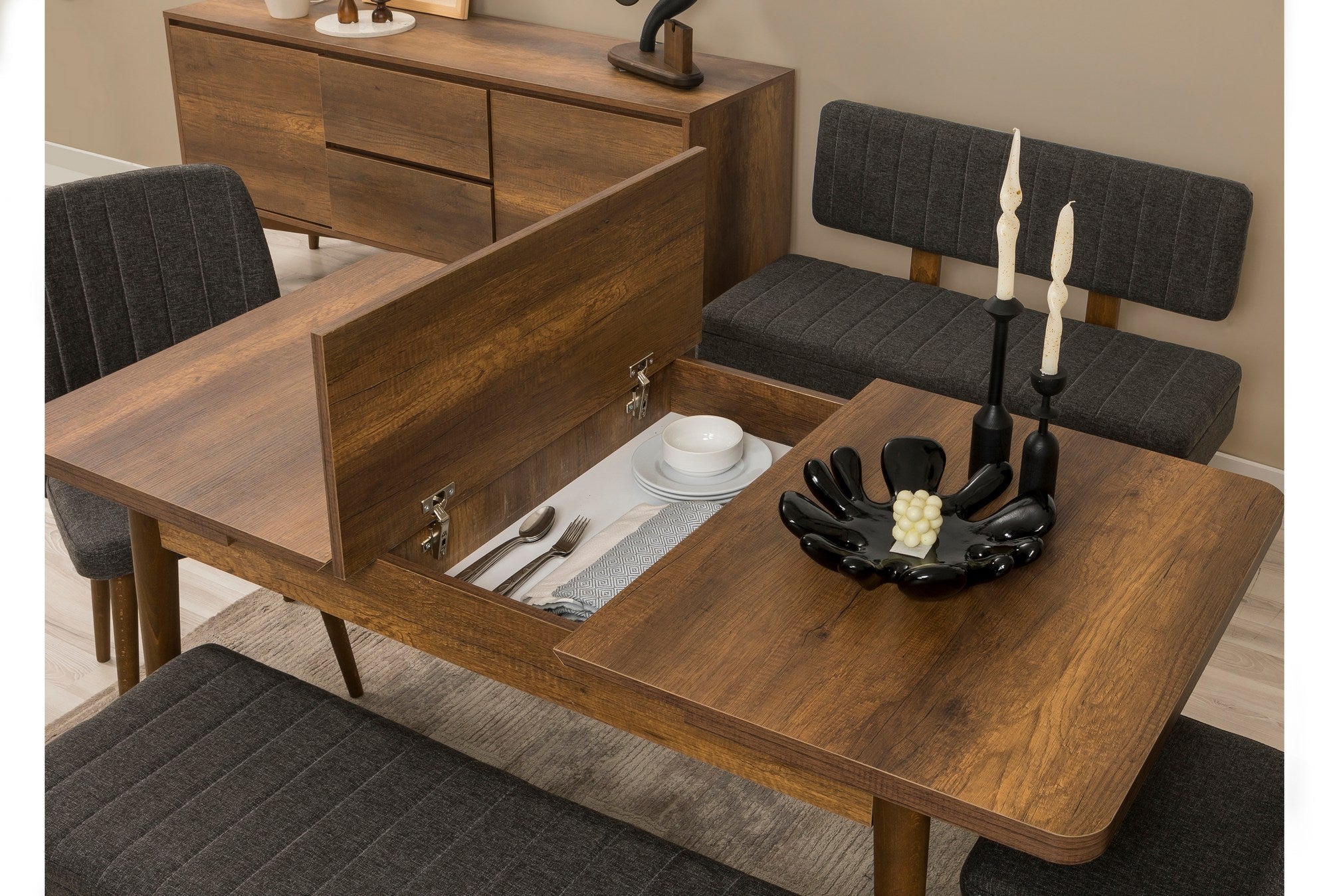 Conjunto de mesa de jantar extensível, cadeiras e Aparador (6 peças)-Vina-Nogueira
Antracite
