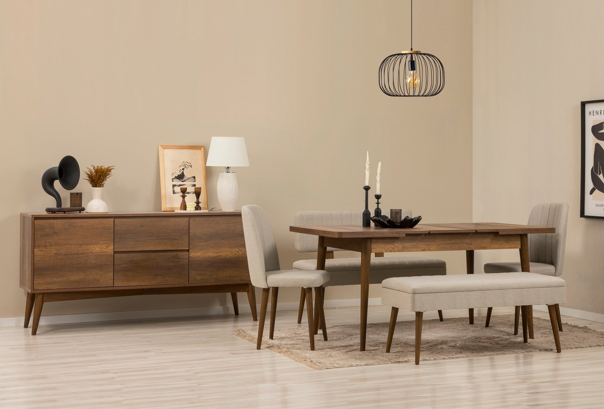 Conjunto de mesa de jantar extensível, cadeiras e Aparador (6 peças)-Vina-Nozes
Creme