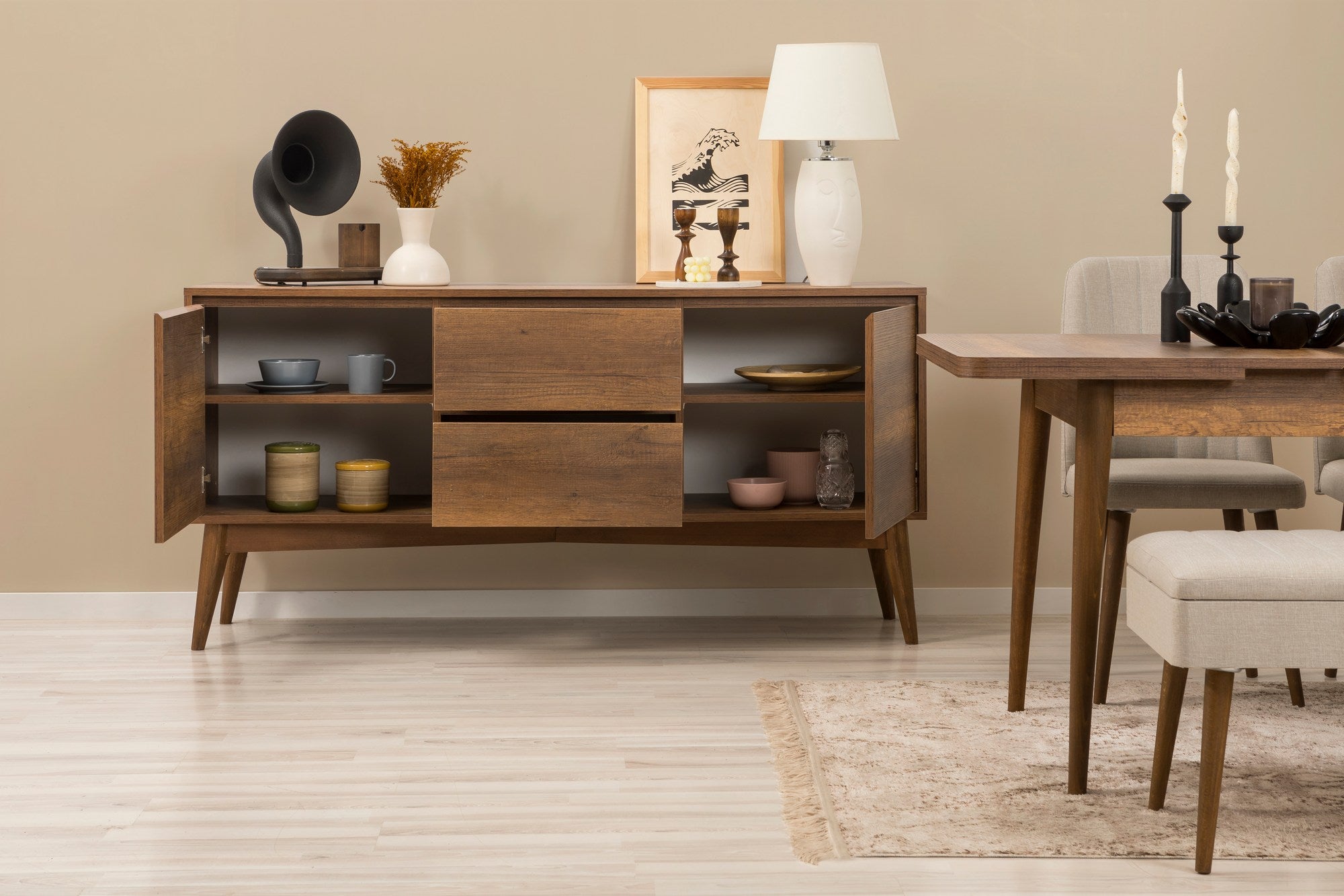 Conjunto de mesa de jantar extensível, cadeiras e Aparador (6 peças)-Vina-Nozes
Creme