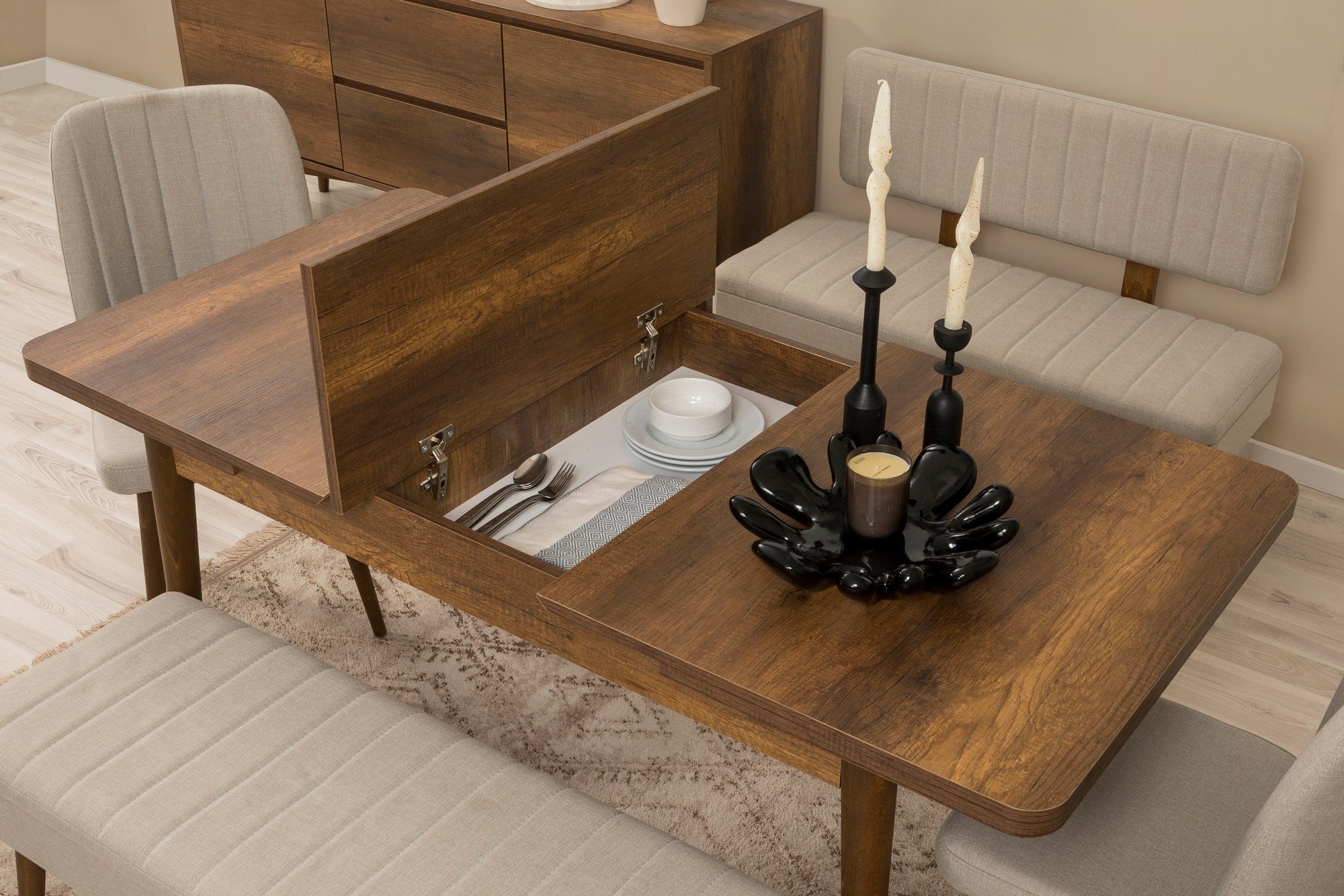 Conjunto de mesa de jantar extensível, cadeiras e Aparador (6 peças)-Vina-Nozes
Creme