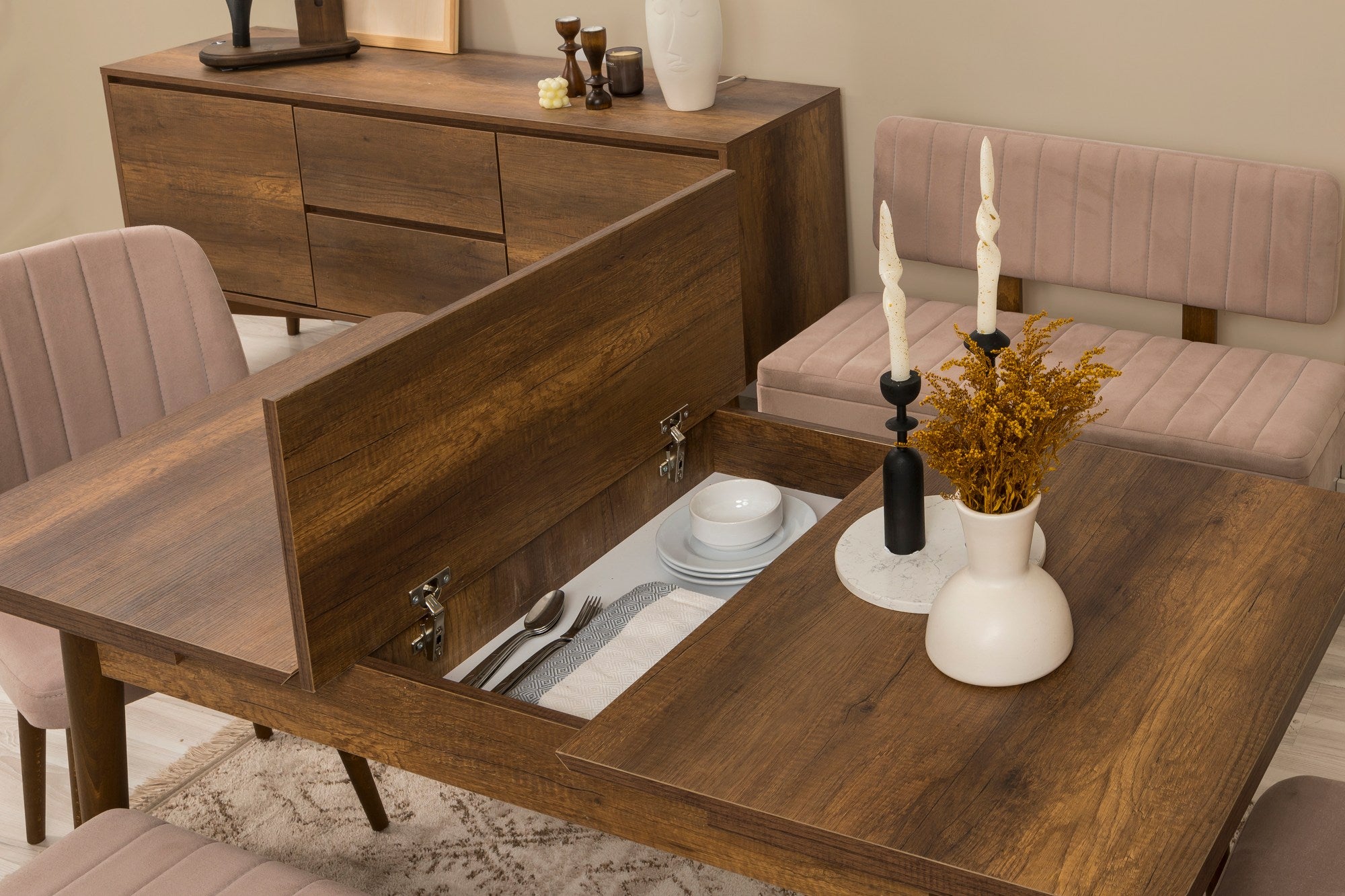 Conjunto de mesa de jantar extensível, cadeiras e Aparador (6 peças)-Vina-Nogueira
Pedra