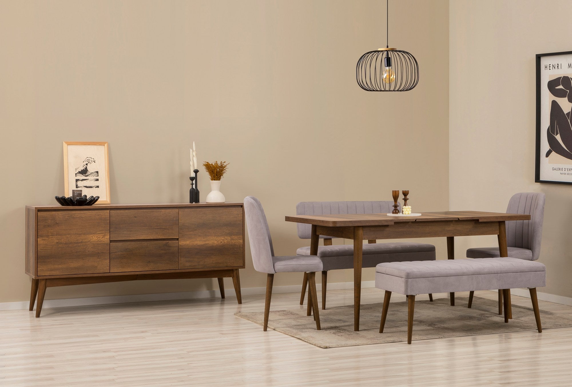 Conjunto de mesa de jantar extensível, cadeiras e Aparador (6 peças)-Vina-Nogueira
Cinza