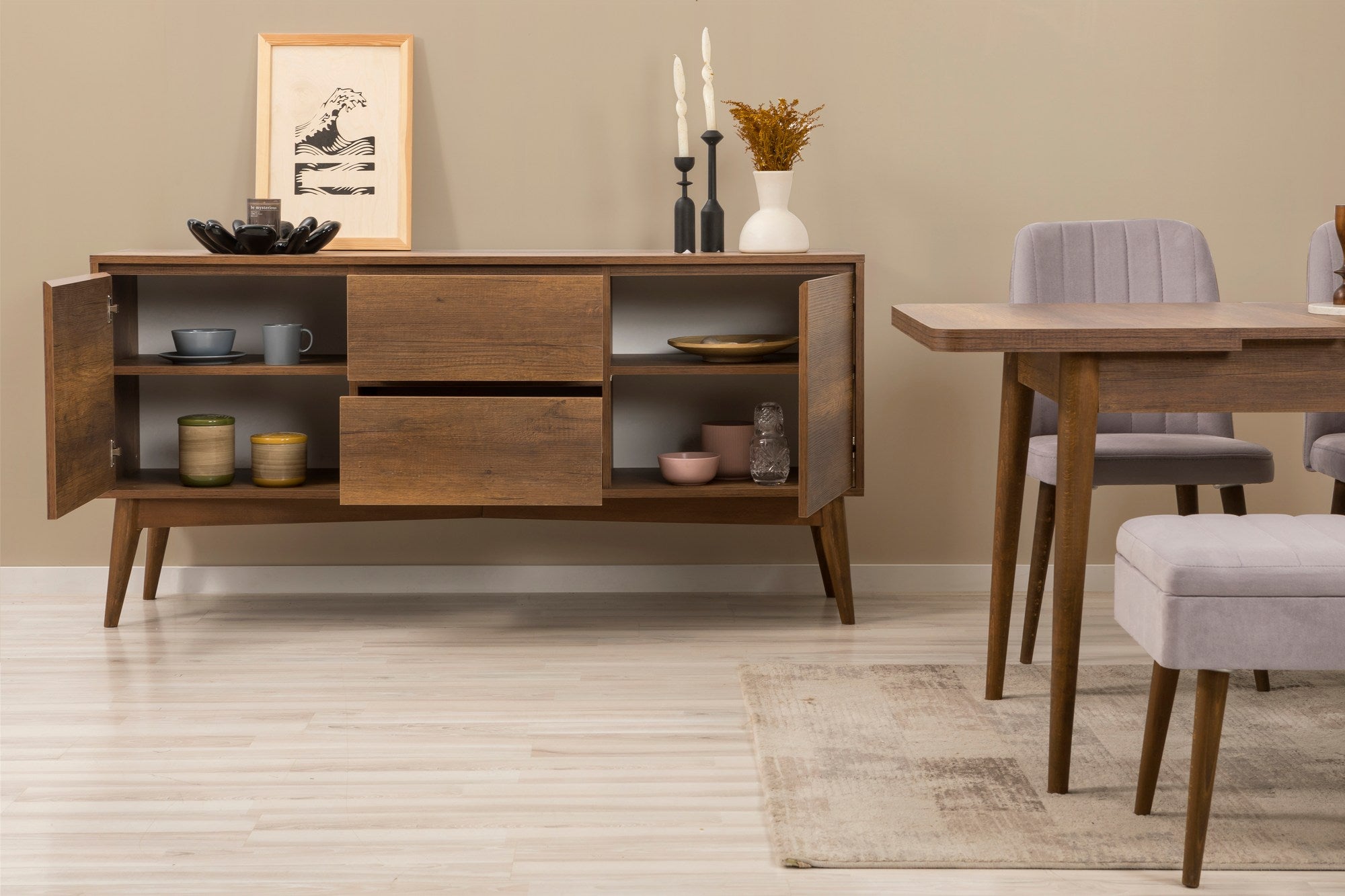Conjunto de mesa de jantar extensível, cadeiras e Aparador (6 peças)-Vina-Nogueira
Cinza