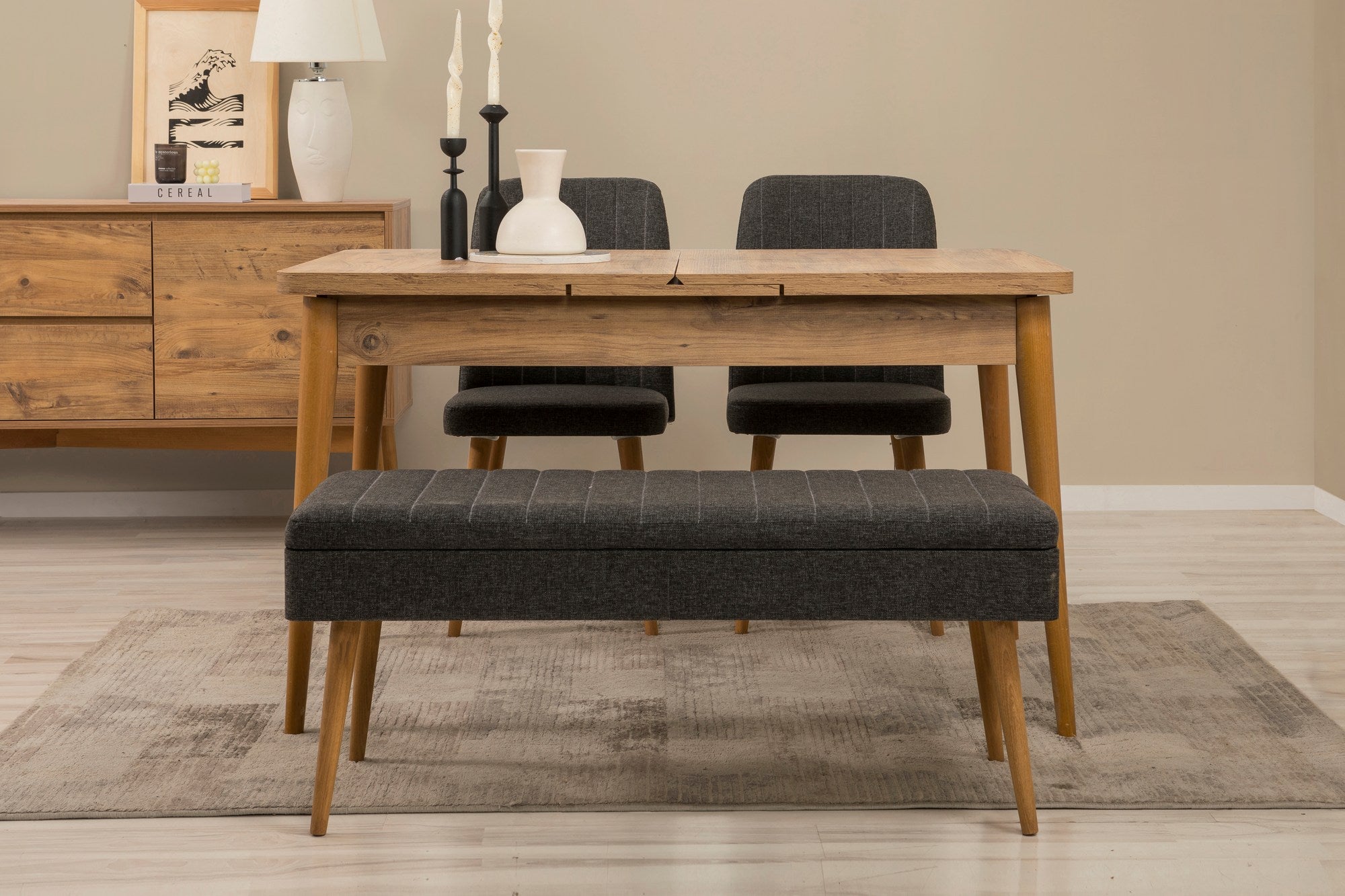 Conjunto de mesa de jantar extensível, cadeiras e Aparador (5 peças)-Vina-Pinheiro Atlântico
Antracite