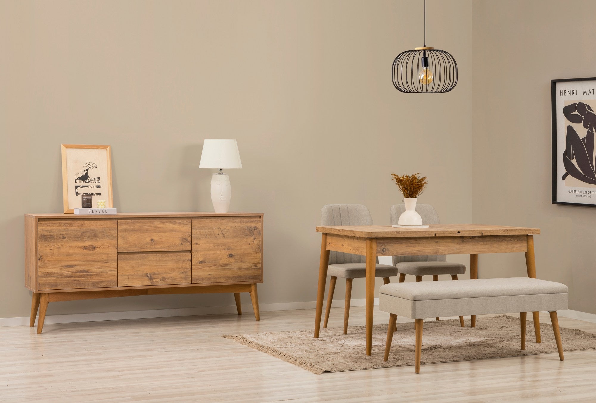 Conjunto de mesa de jantar extensível, cadeiras e Aparador (5 peças)-Vina-Pinho Atlântico
Creme