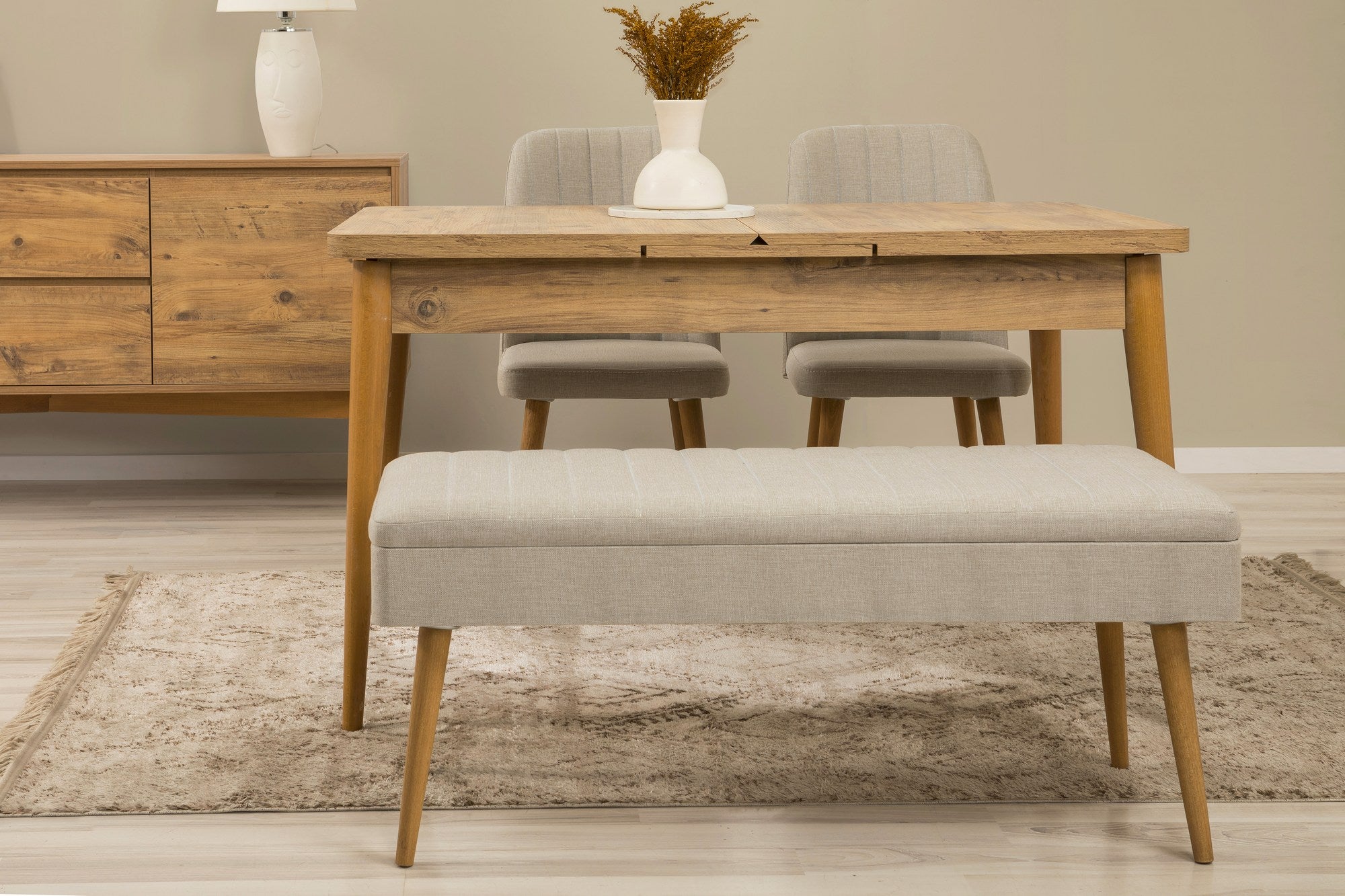 Conjunto de mesa de jantar extensível, cadeiras e Aparador (5 peças)-Vina-Pinho Atlântico
Creme