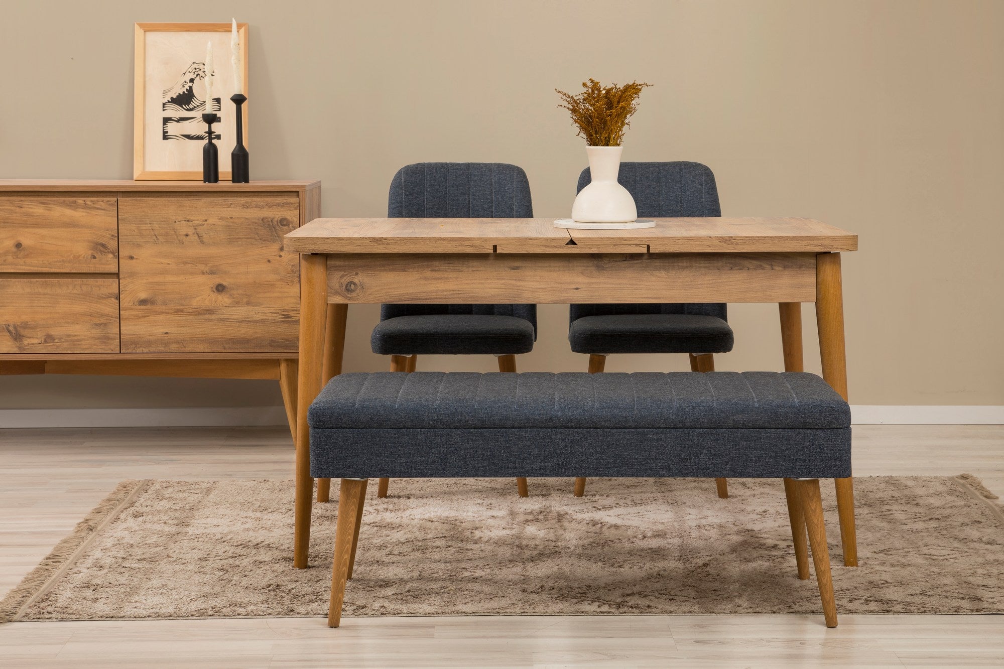 Conjunto de mesa de jantar extensível, cadeiras e Aparador (5 peças)-Vina-Pinheiro Atlântico
Azul Escuro