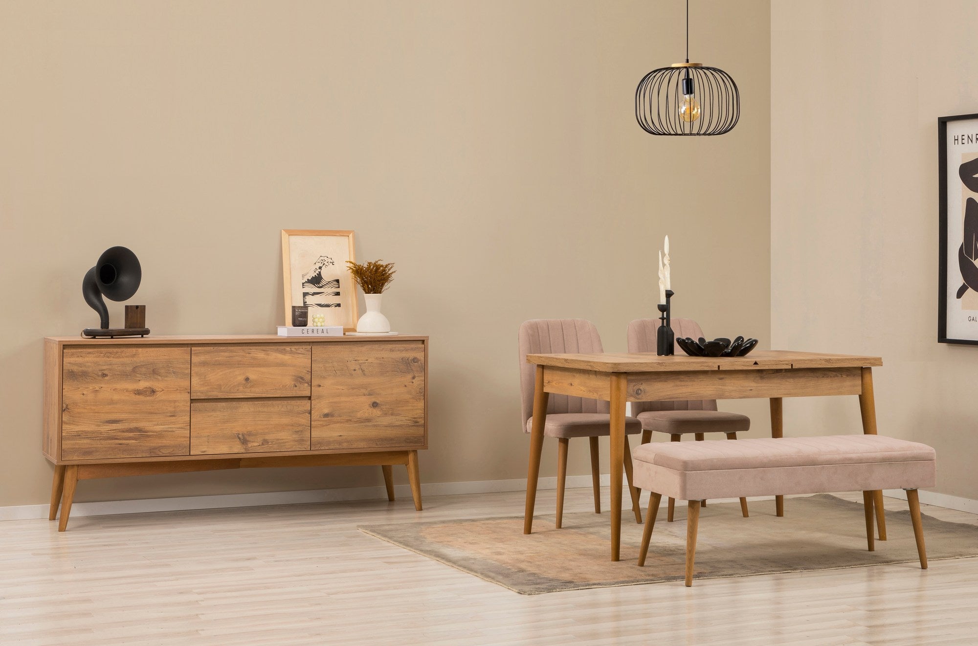 Conjunto de mesa de jantar extensível, cadeiras e Aparador (5 peças)-Vina-Pedra de Pinho Atlântico