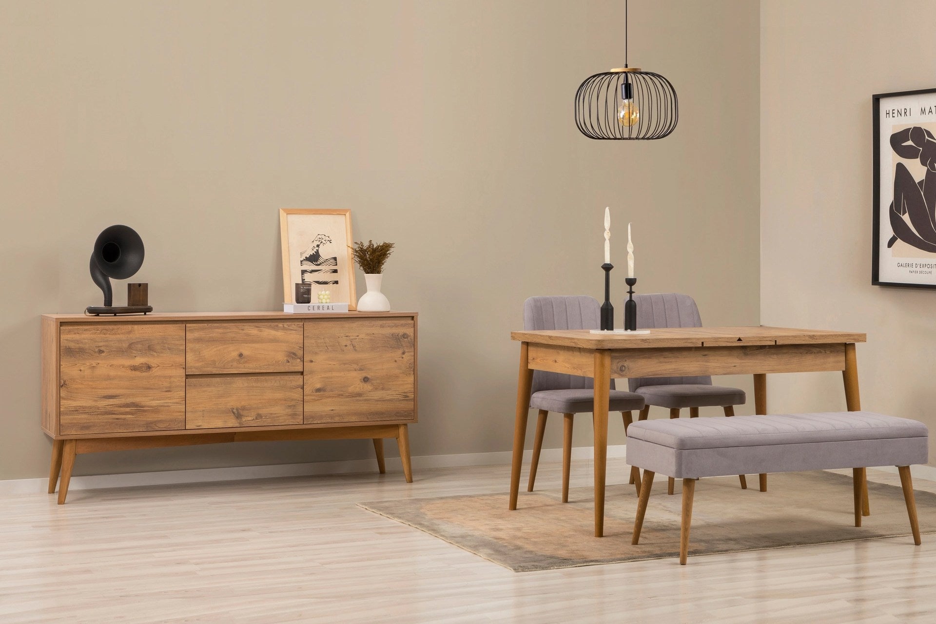 Conjunto de mesa de jantar extensível, cadeiras e Aparador (5 peças)-Vina-Pinheiro Atlântico
Cinza