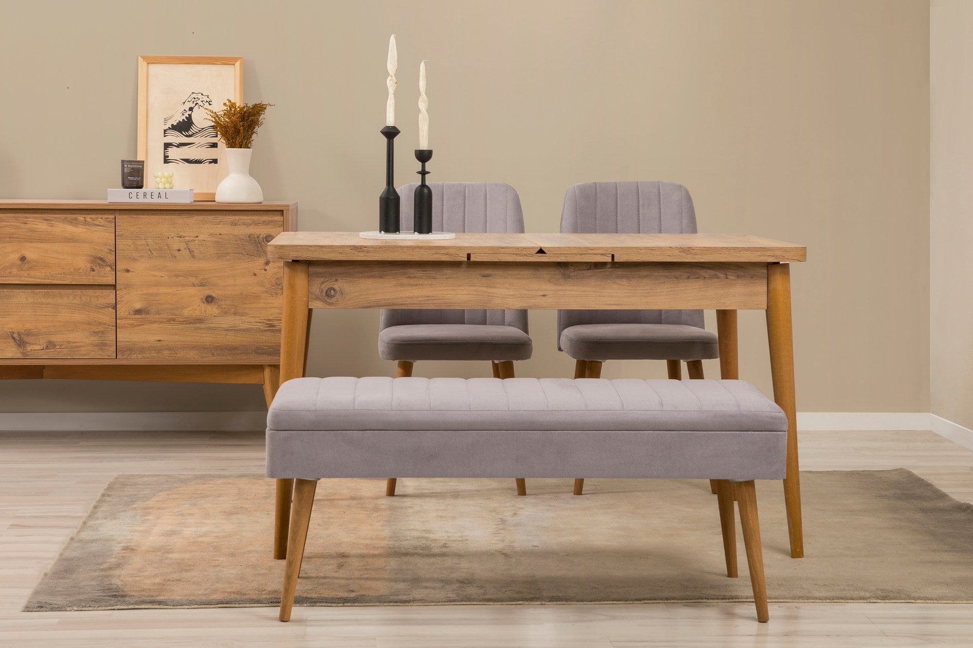 Conjunto de mesa de jantar extensível, cadeiras e Aparador (5 peças)-Vina-Pinheiro Atlântico
Cinza