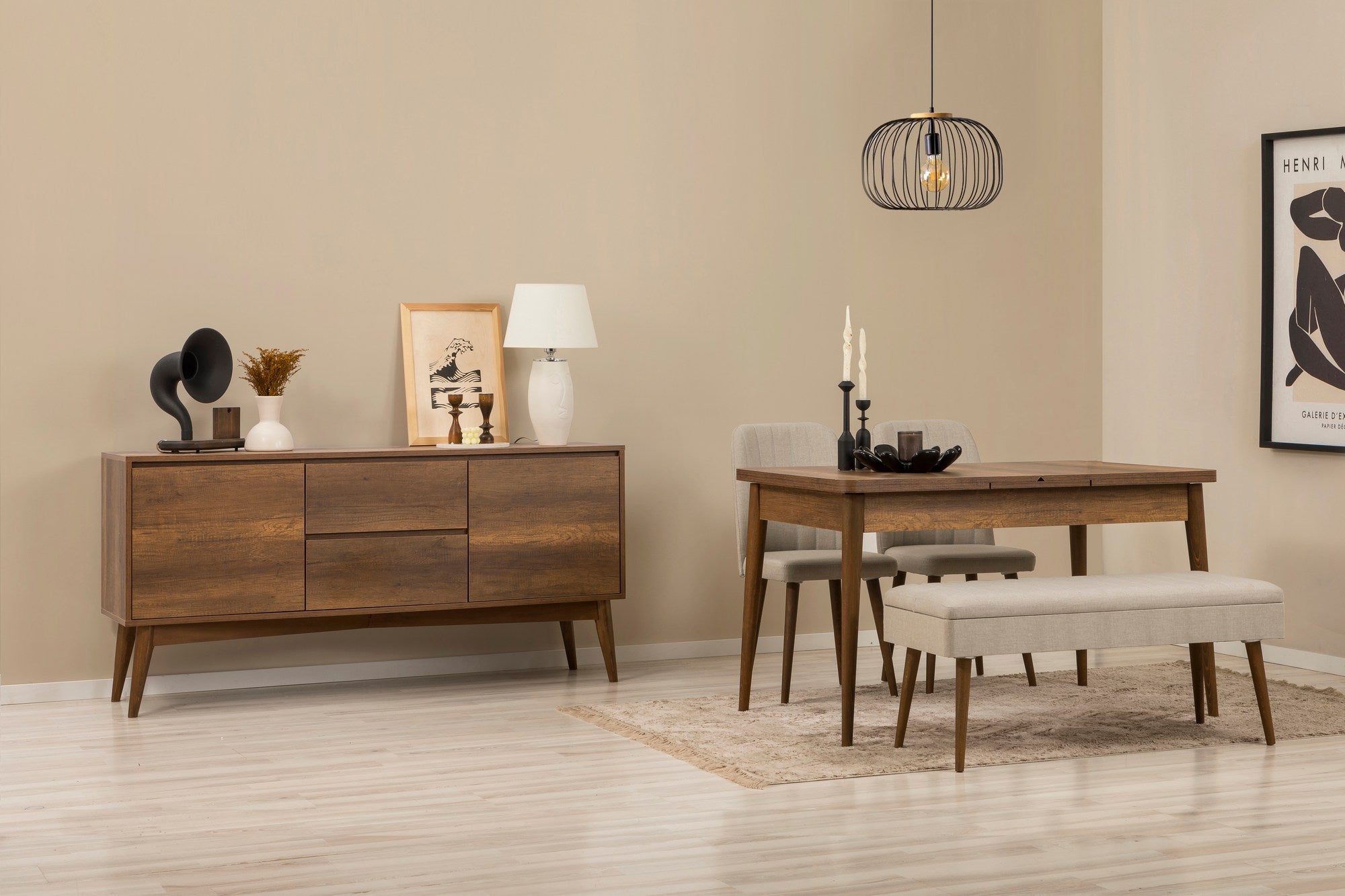Conjunto de mesa de jantar extensível, cadeiras e Aparador (5 peças)-Vina-Nozes
Creme