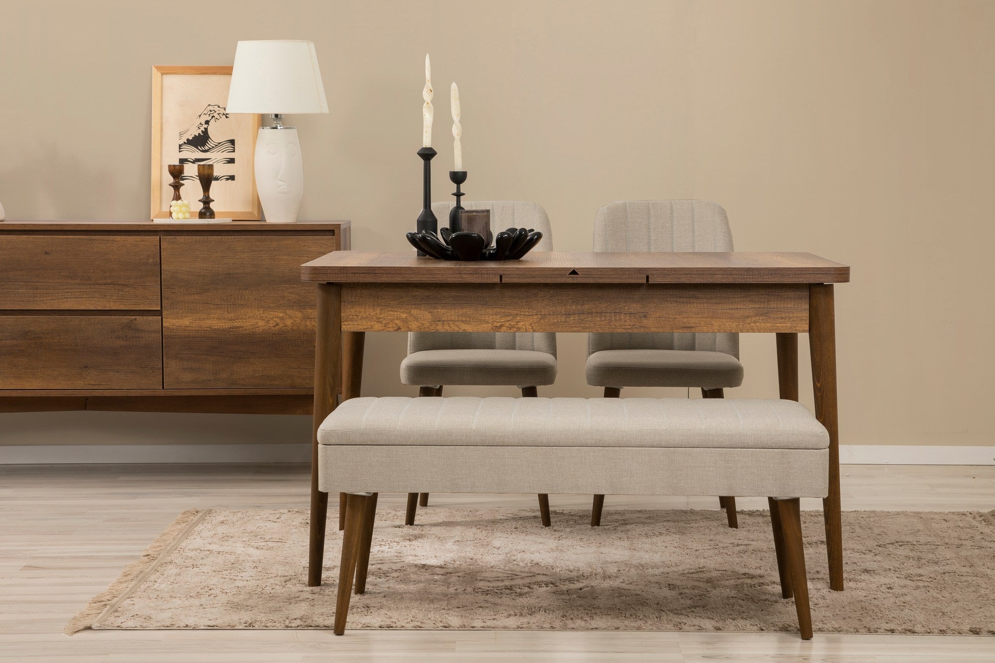 Conjunto de mesa de jantar extensível, cadeiras e Aparador (5 peças)-Vina-Nozes
Creme