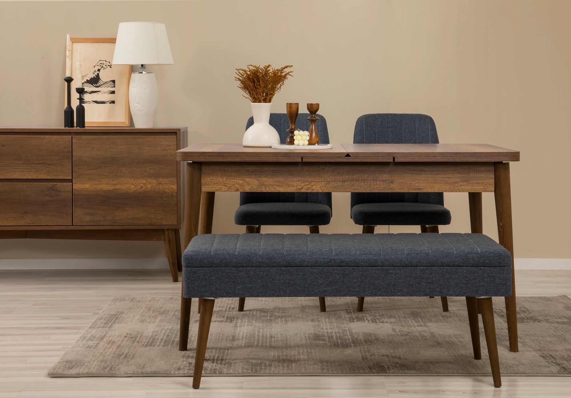 Conjunto de mesa de jantar extensível, cadeiras e Aparador (5 peças)-Vina-Nogueira
Azul Escuro