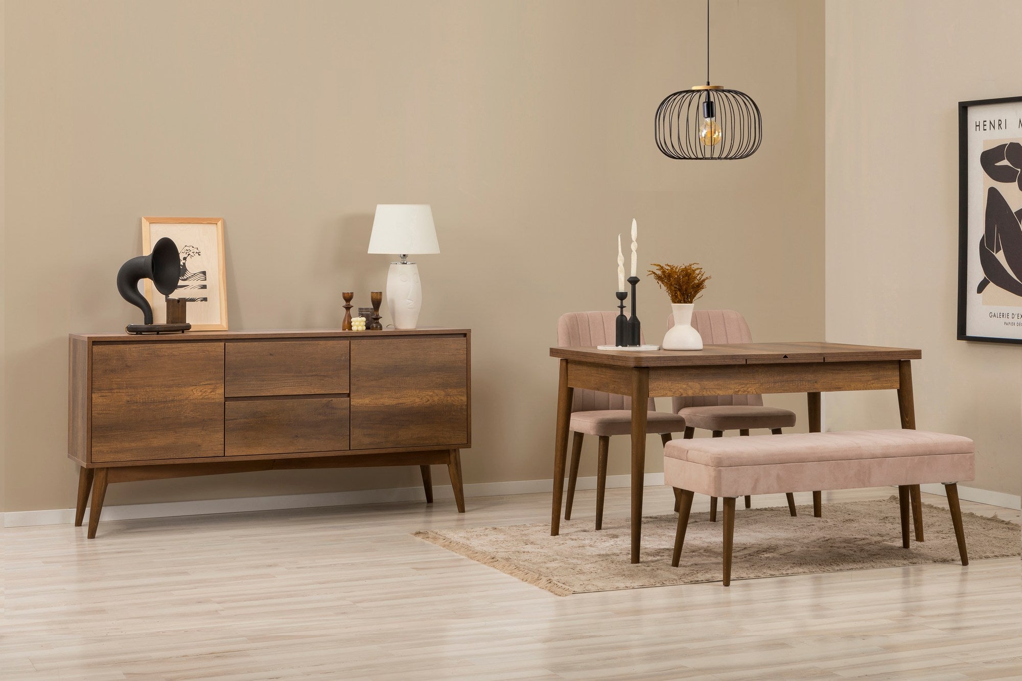 Conjunto de mesa de jantar extensível, cadeiras e Aparador (5 peças)-Vina-Nogueira
Pedra