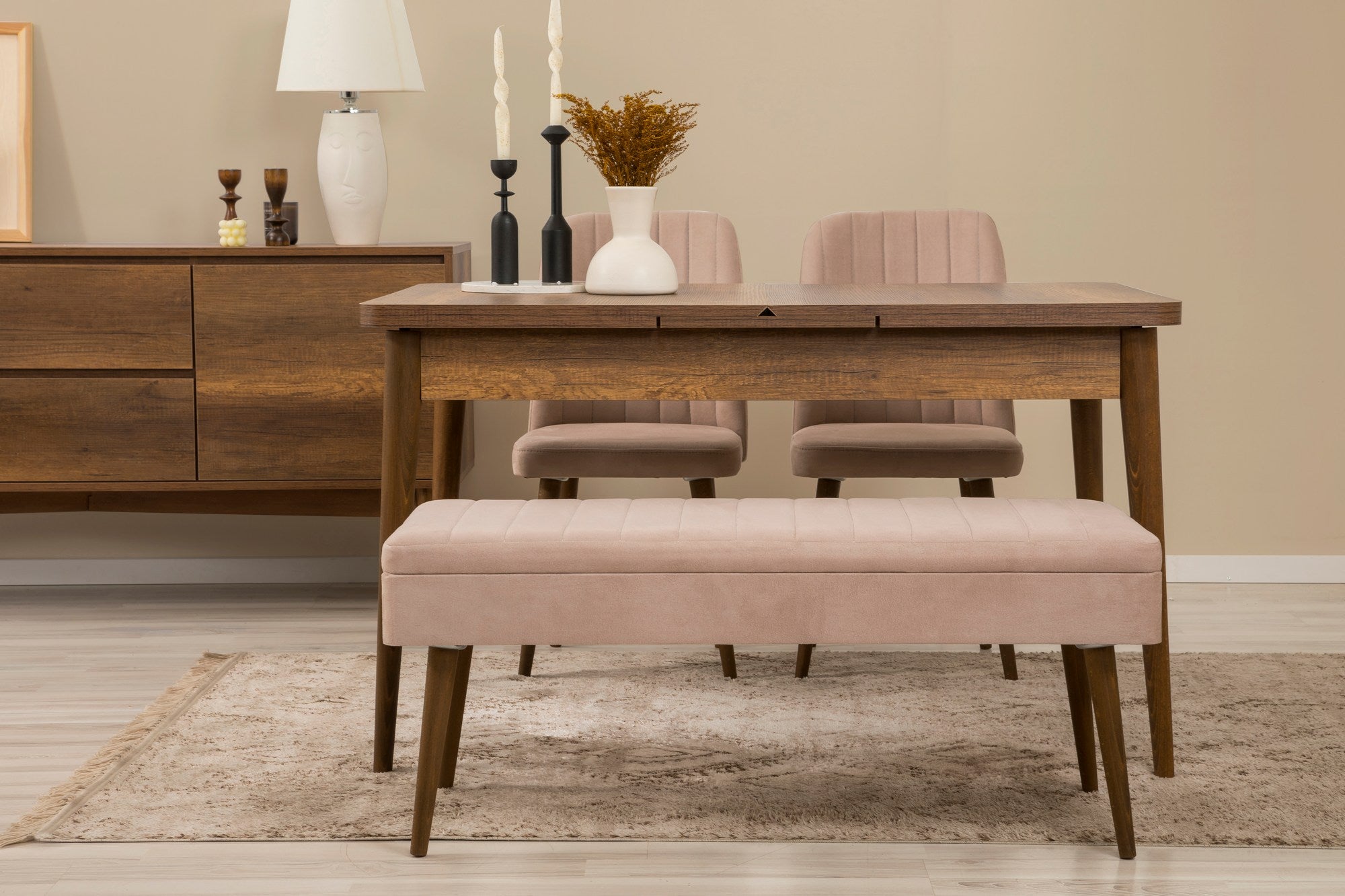 Conjunto de mesa de jantar extensível, cadeiras e Aparador (5 peças)-Vina-Nogueira
Pedra
