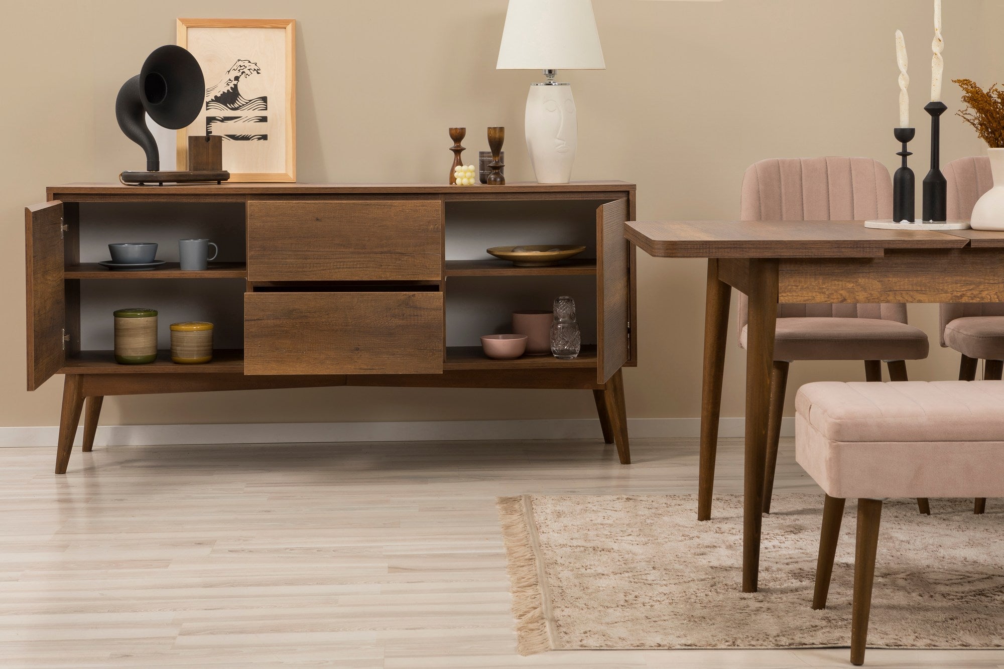 Conjunto de mesa de jantar extensível, cadeiras e Aparador (5 peças)-Vina-Nogueira
Pedra