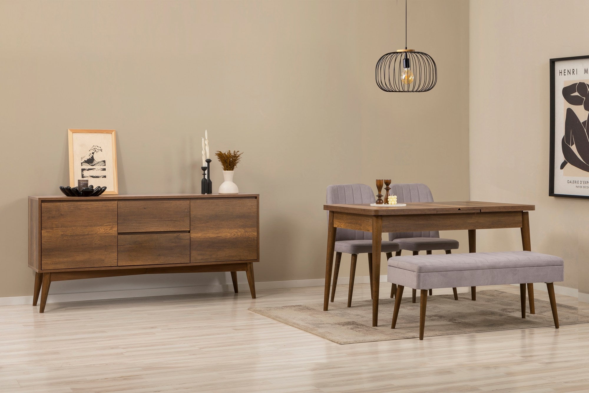 Conjunto de mesa de jantar extensível, cadeiras e Aparador (5 peças)-Vina-Nogueira
Cinza