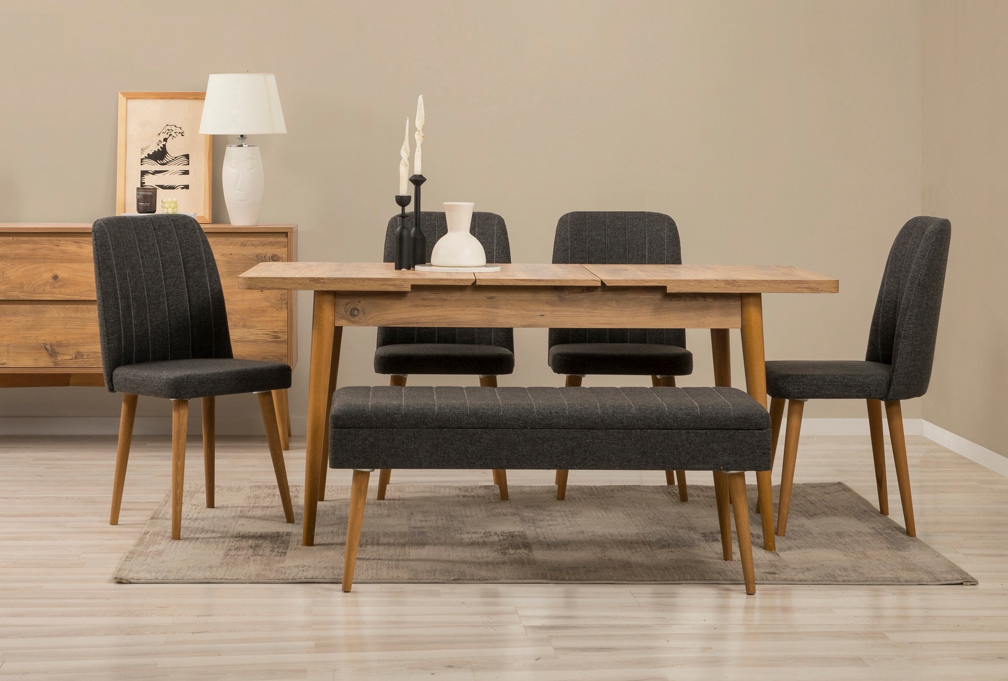 Conjunto de mesa de jantar extensível, cadeiras e Aparador (7 peças)-Vina-Pinheiro Atlântico
Antracite