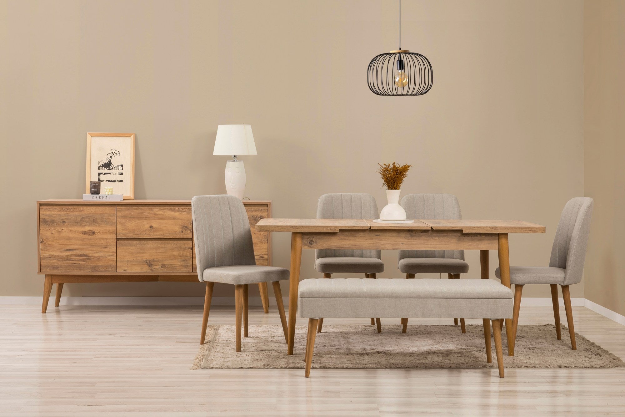 Conjunto de mesa de jantar extensível, cadeiras e Aparador (7 peças)-Vina-Pinho Atlântico
Creme