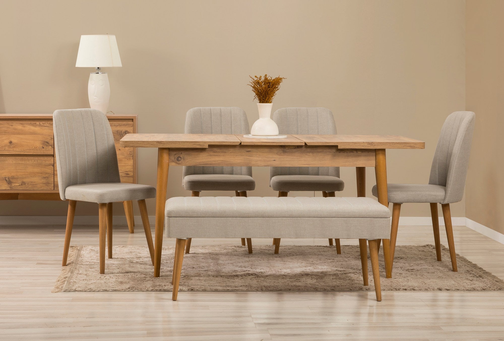 Conjunto de mesa de jantar extensível, cadeiras e Aparador (7 peças)-Vina-Pinho Atlântico
Creme