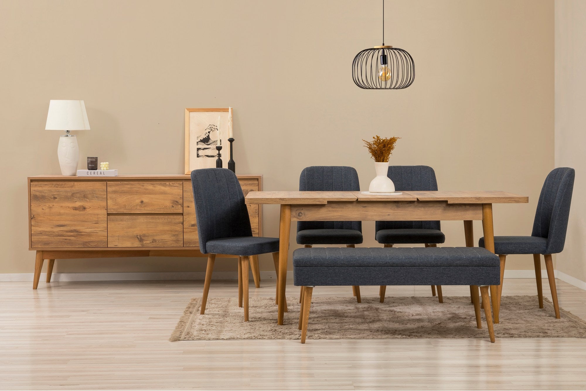 Conjunto de mesa de jantar extensível, cadeiras e Aparador (7 peças)-Vina-Pinheiro Atlântico
Azul Escuro